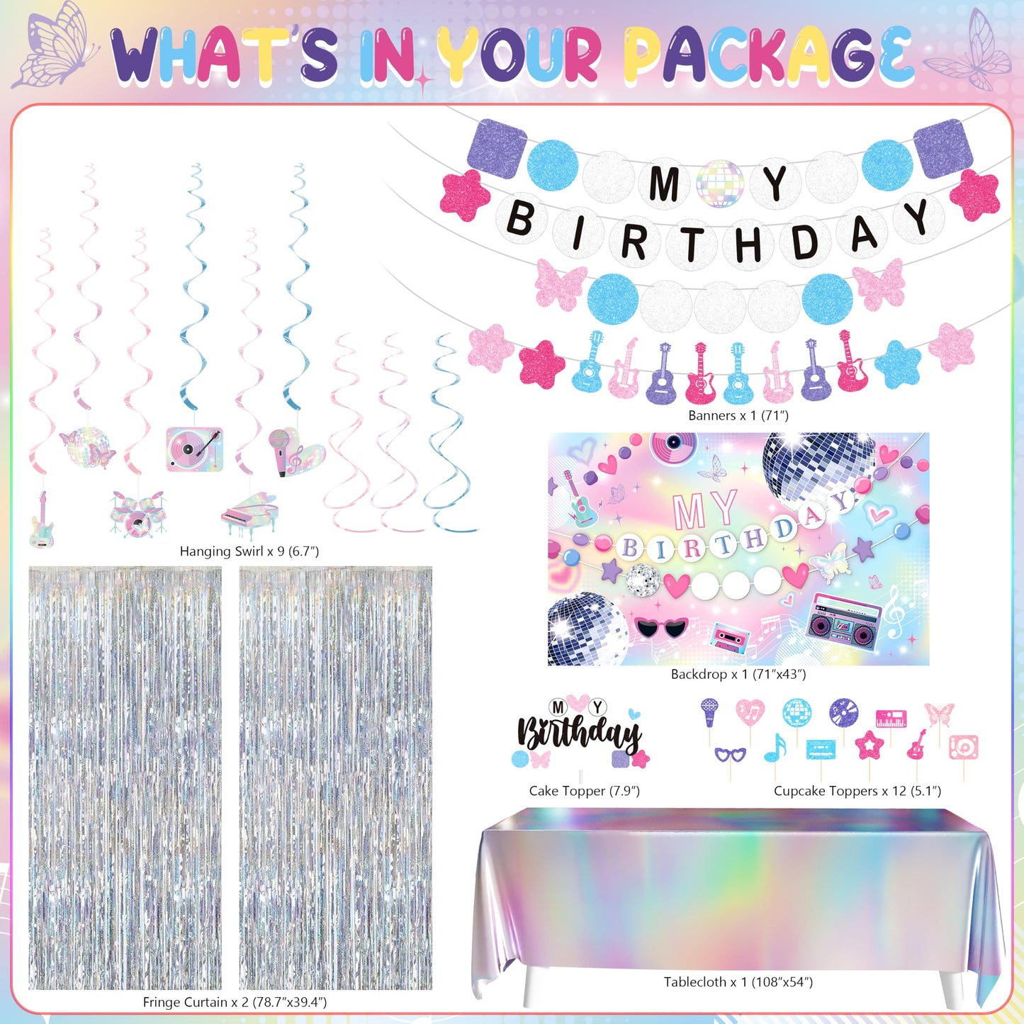 Music Birthday Decorations, Popular Singer Theme Party Supplies for Girls Pink Purple Balloon Arch Friendship Bracelet Garland Backdrop Cake Toppers Hanging Swirls