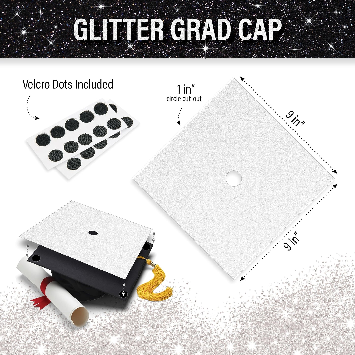 Glitter Heavyweight Premium Construction Paper for Grad Caps, 5 Sheets, DIY Grad Cap Decorations (White)