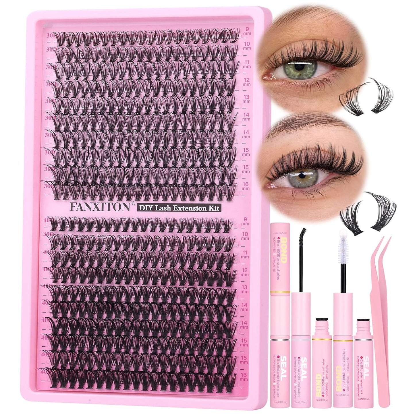 DIY Eyelash Extension Kit - Thick Volume 40D & 50D Cluster Lashes | 280 Pieces with Bond & Tweezers