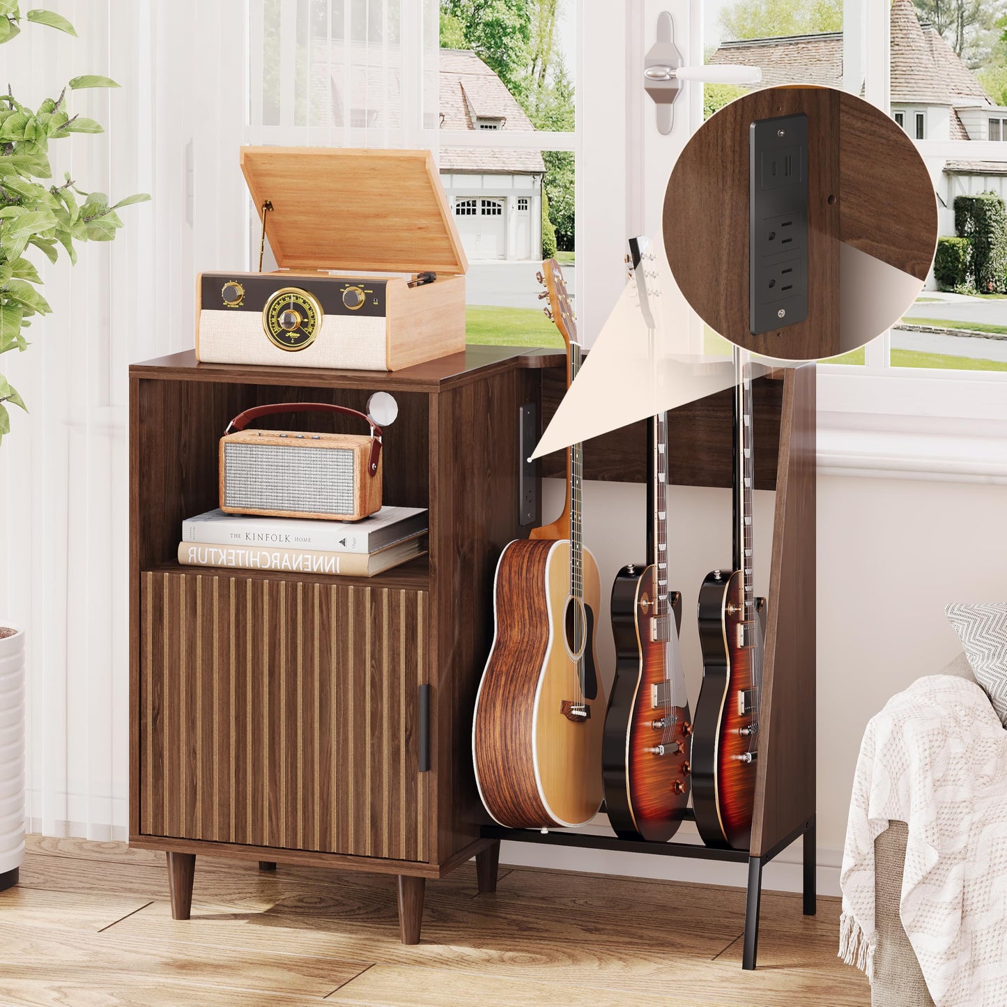 WLLPNG Guitar Stand with Vinyl Record Storage, Record Player Stand with Multiple Guitars Holder, Built-in Power Outlet, Guitar Amp Stand for Acoustic, Electric Guitar, Bass, Speaker, Amp