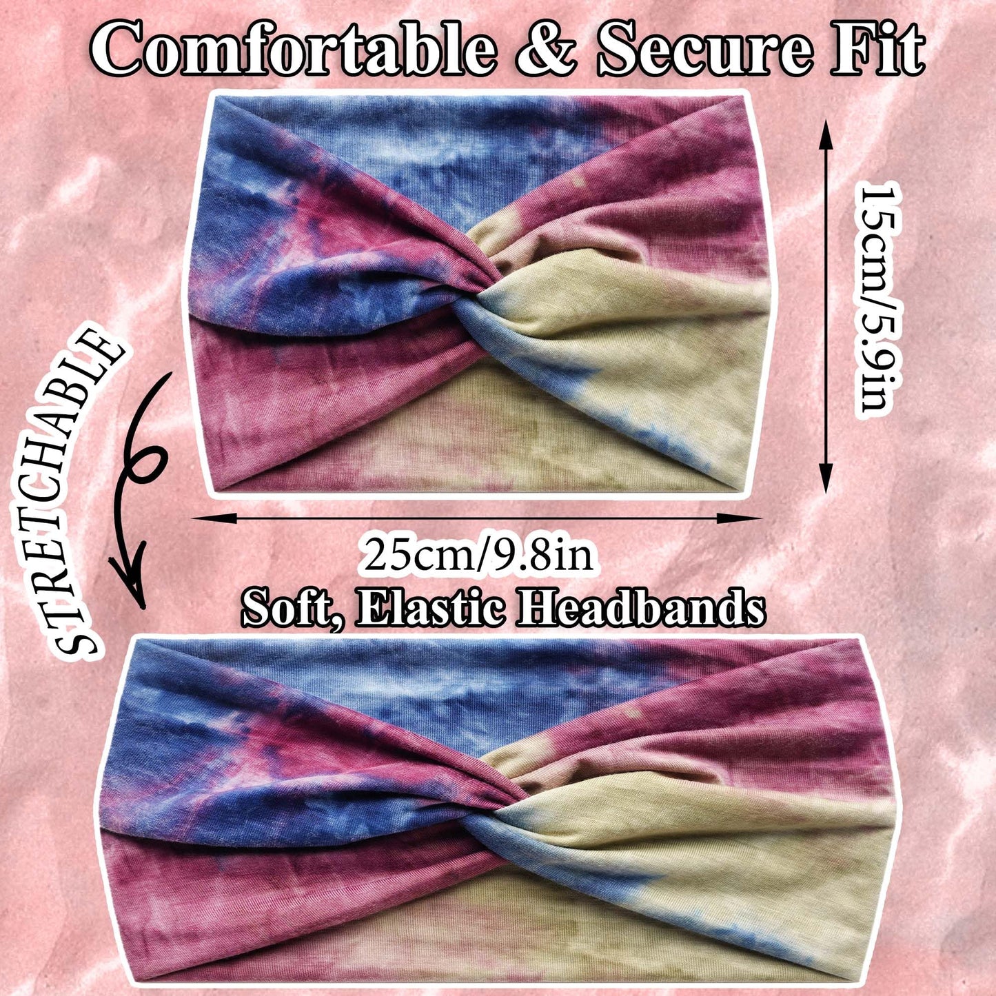 FARSYOD Headbands For Women Tie Dye Head Wraps Wide Turban Head Bands Boho Hair Band Knotted Bandana Headband Non Slip Hair Scarf Criss Cross Turban Fashion Hairband