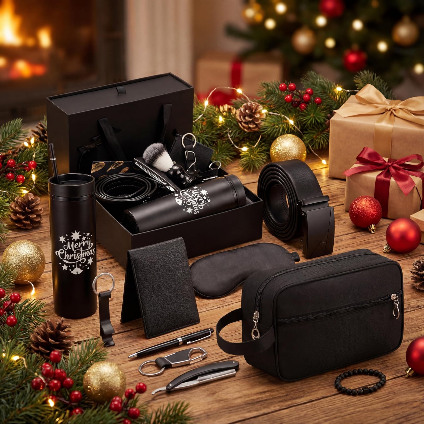 Tioncy 12 Pcs Christmas Men Gift Set Birthday Gifts Baskets with Box Tumbler Bottle Opener Keychain PU Leather Wallet Tie Belt Bag Bracelet Eye Mask Xmas Party Present Box for Dad(Delicate Pattern)