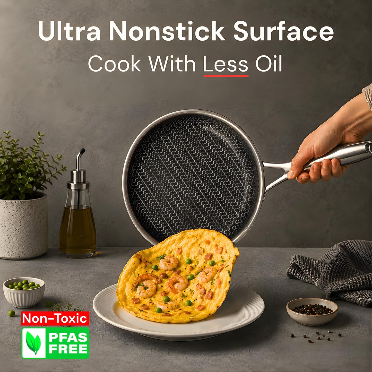 Nonstick Frying Pan 12 Inch with Lid, Stainless Steel Honeycomb Nonstick Skillet, Tri-Ply PFAS Free Cookware, Induction Fry Pan, Oven & Dishwasher Safe, Compatible with All Cooktops