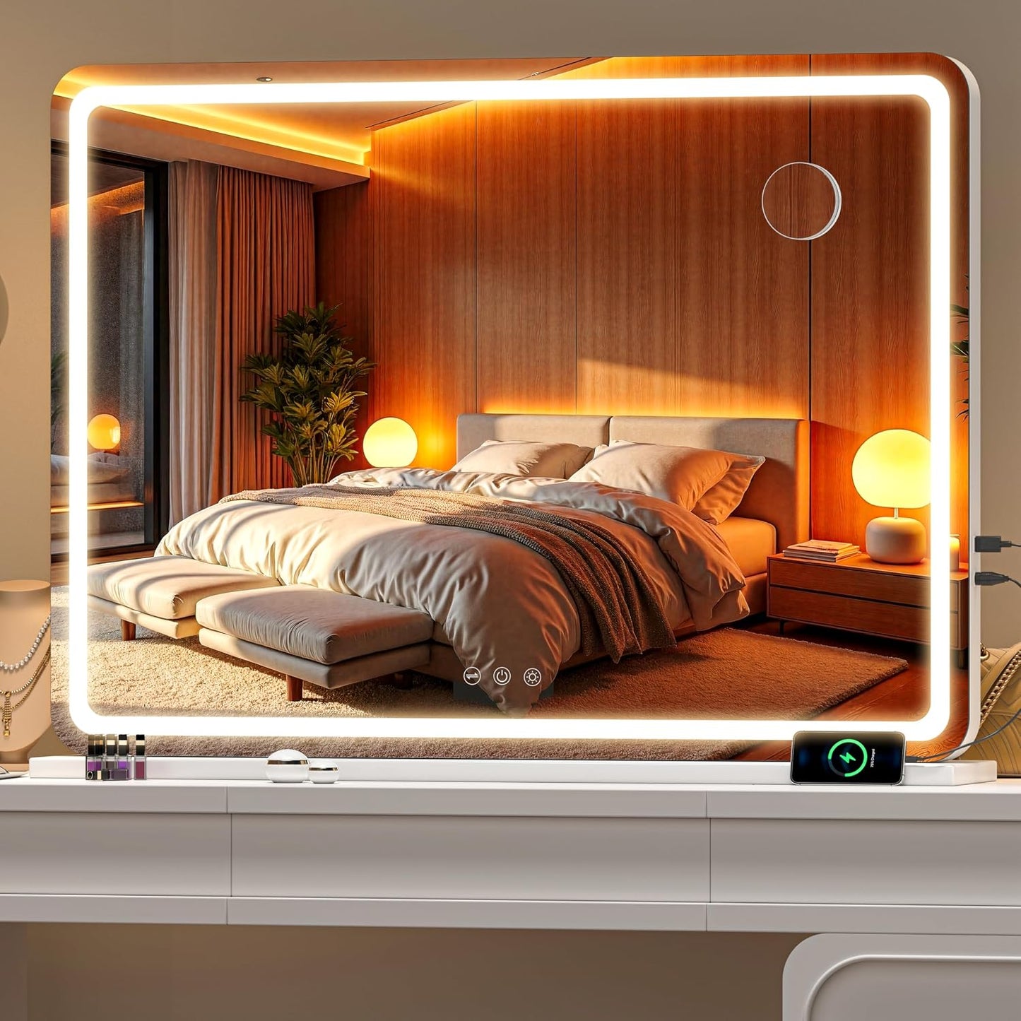 LED Makeup Vanity Mirror with Lights - 32" x 22" | 10X Magnification, Dimmable, Smart Touch, USB Charging