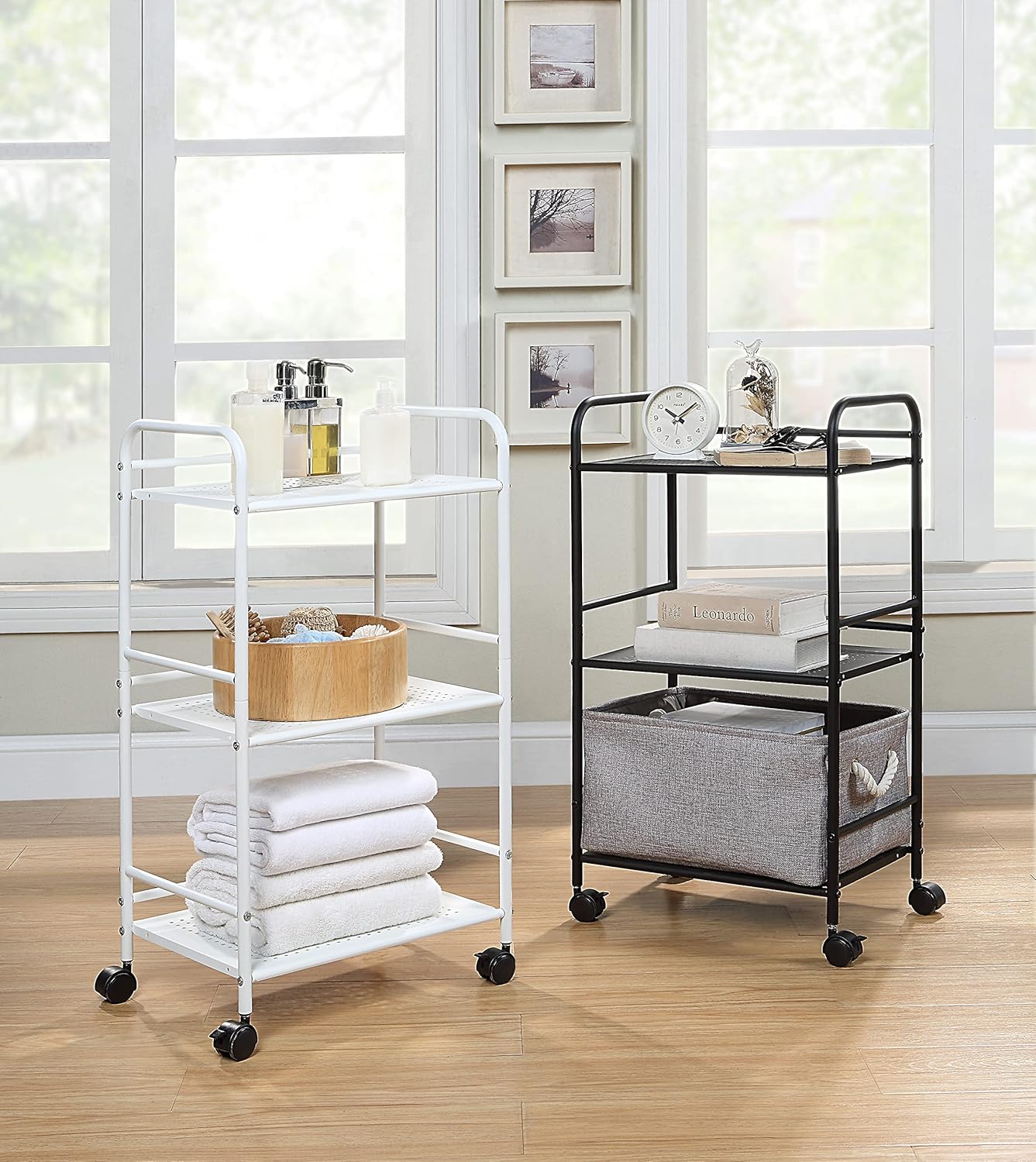 SunnyPoint 3-Tier Rolling Utility Cart - Metal Storage Organizer with Wheels | Mobile Kitchen & Office Organizer, White, 12"D x 16.92"W x 31.1"H