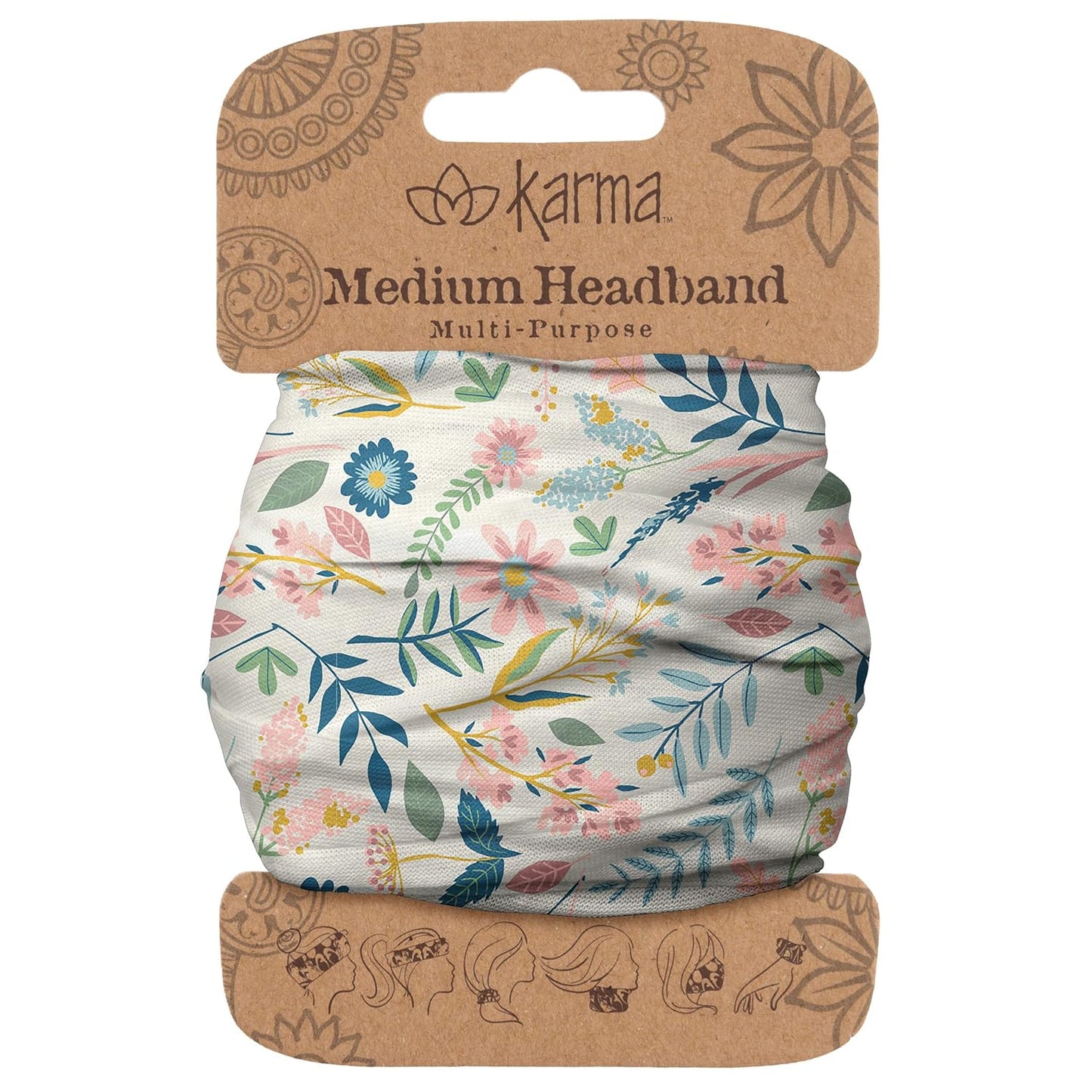 Floral Headband for Women | Stretchy Fabric Hair Scarf - Light Tan & Blue - Medium Size
