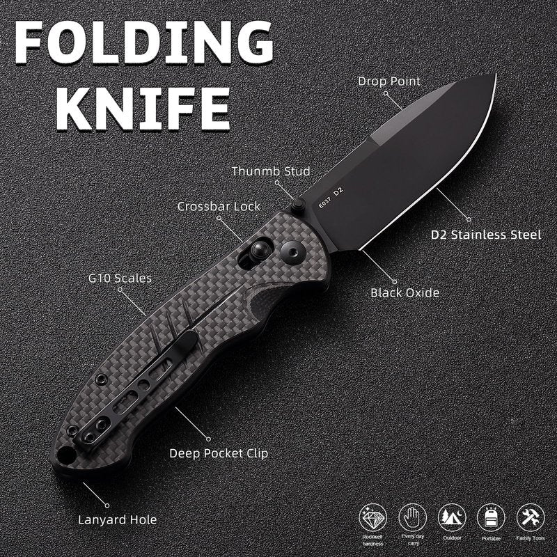 EMHTiii D2 Steel Folding Pocket Knife with Reversible Clip: 3.14" Drop Point Blade, Crossbar Axis Lock, G10 Carbon Fiber Handle, EDC Knives Camping for Men Women E037, Black