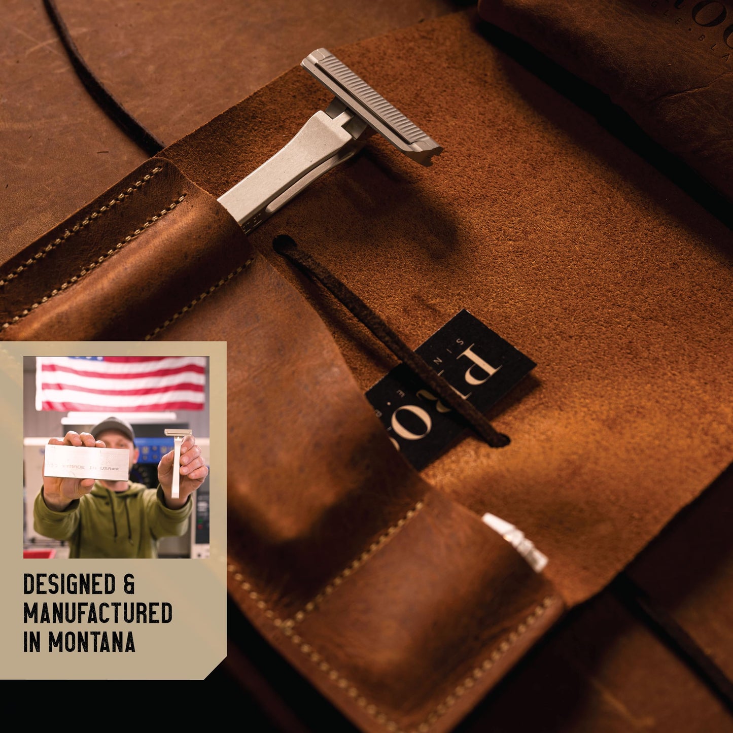 PROOF Select Single Blade Razor for Men with Pivoting Head Made in USA - CNC Machined Aluminum Easy Blade Replacement - Includes Genuine Leather Travel Case, Suction Cup Holder and Safety Razor Blades