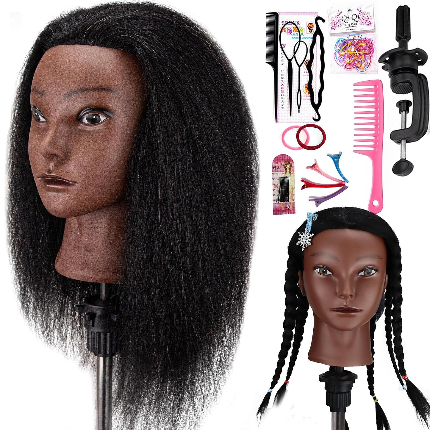 Mannequin Head - 100% Real Hair Cosmetology Training Doll | 20" Nature Brown with Clamp & Comb