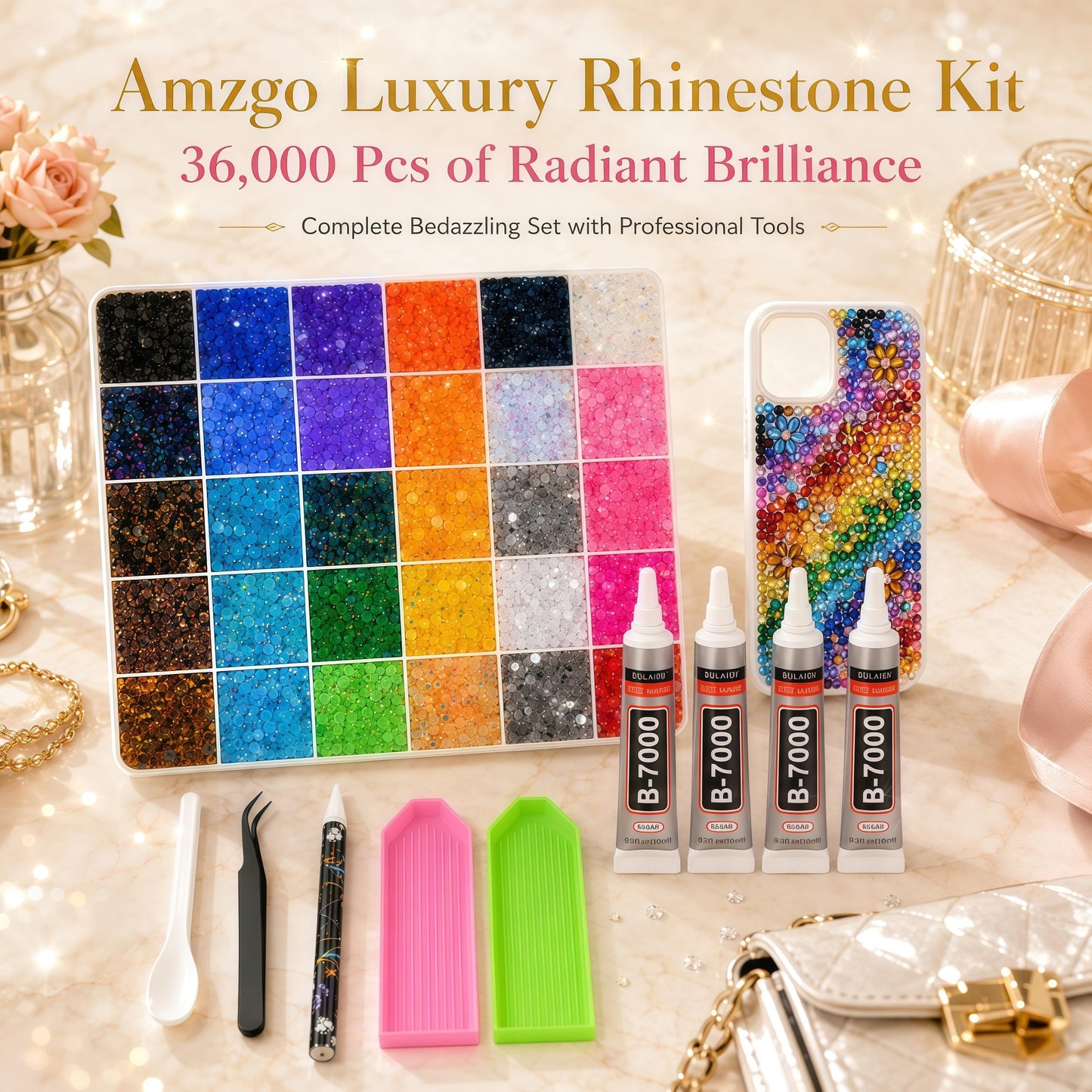 AMZGO 36000Pcs Rhinestones Bedazzling Kit, 30 Colors 3mm Flatback Resin Bedazzler Gems with 4Pcs 10ml B7000 Jewelry Glue for Bedazzled Thing Diamond Art Book Crafting Nail Kit