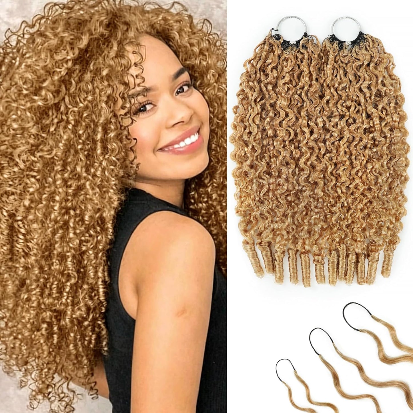 Honey Blonde Burmese Curly Crochet Hair Extensions - 12 Inch, 240g, Reusable, Lightweight, Invisible Knots
