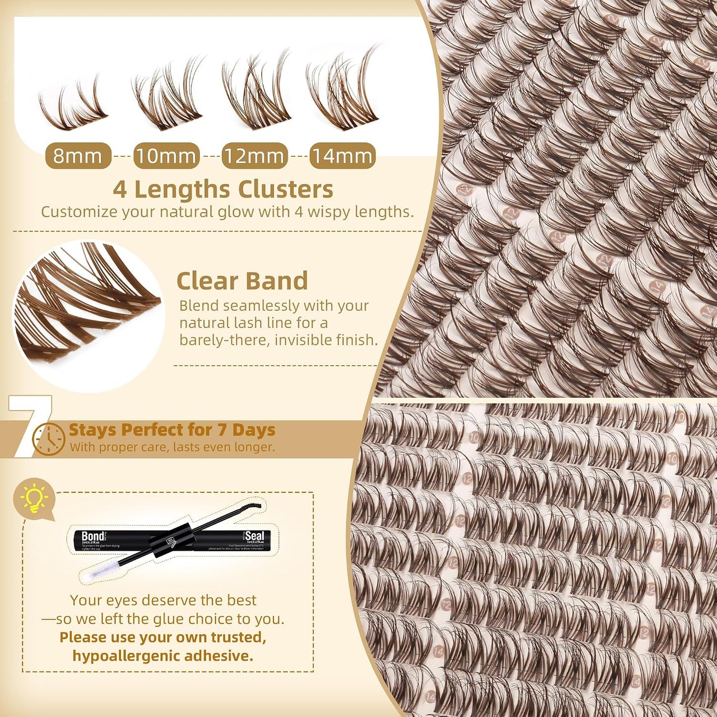 Brown Spider Lash Clusters Kit - Wispy 8-14MM Natural D Curly Eyelash Extensions | 150pcs for Daily Wear