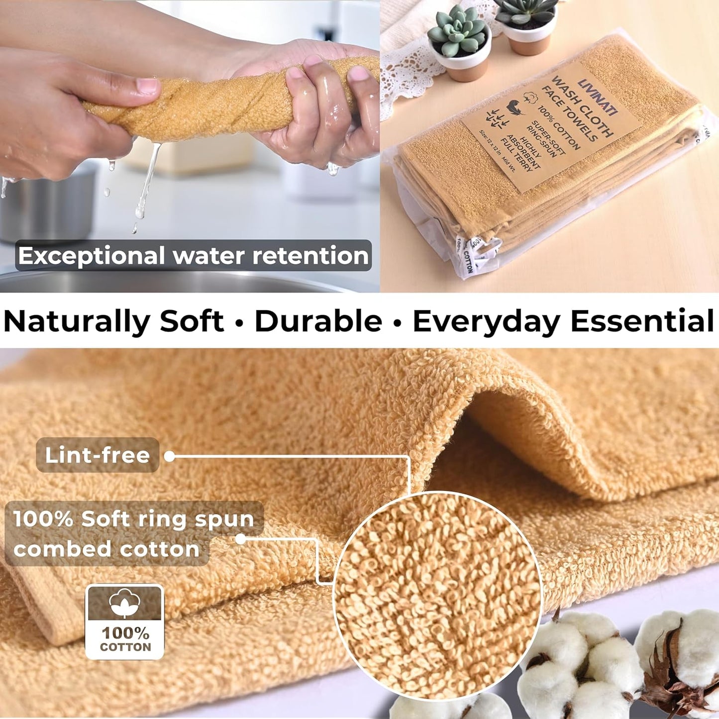 100% Cotton Wash Cloths - Soft Absorbent Shower & Face Towels | 12" x 12" | 6-Pack for Adults & Kids