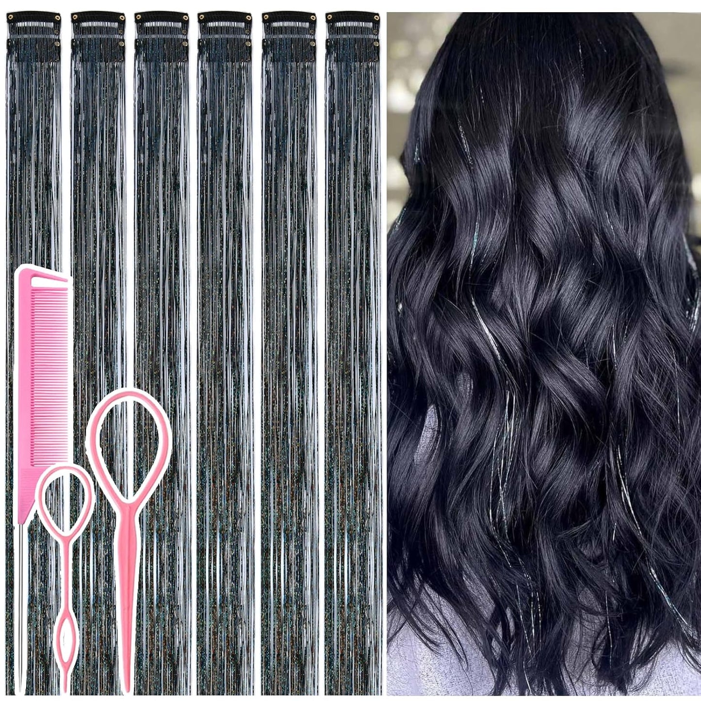 Hair Tinsel Kit - 12 Pcs 24 Inch Gold Glitter Clip-In Hair Extensions for Girls & Women | Perfect for Christmas & New Year Parties