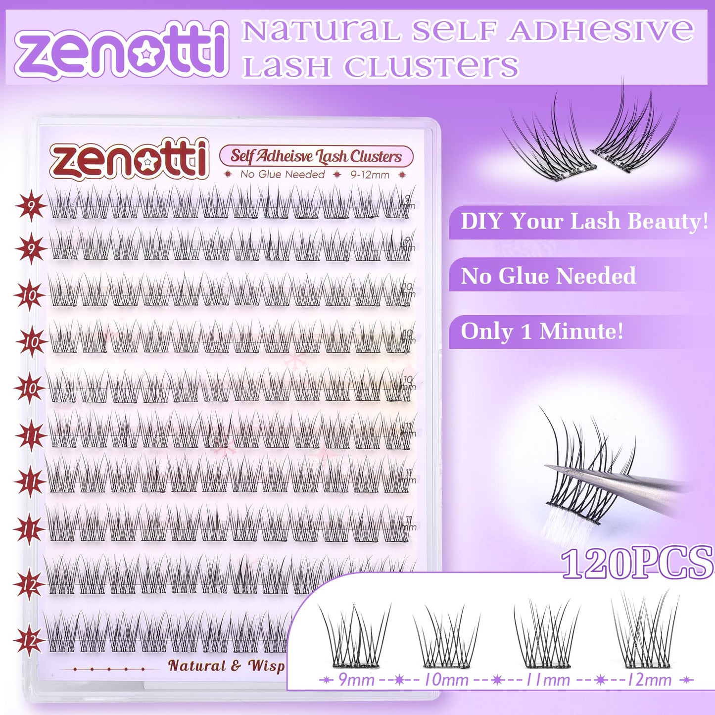 Natural Self Adhesive Clusters Lashes No Glue Self Adhesive Wispy Cluster Eyelashes Extensions Pre-glued Lashes Cluster Reusable C-Curly Individual Lashes 9-12mm Press on Lash by zenotti