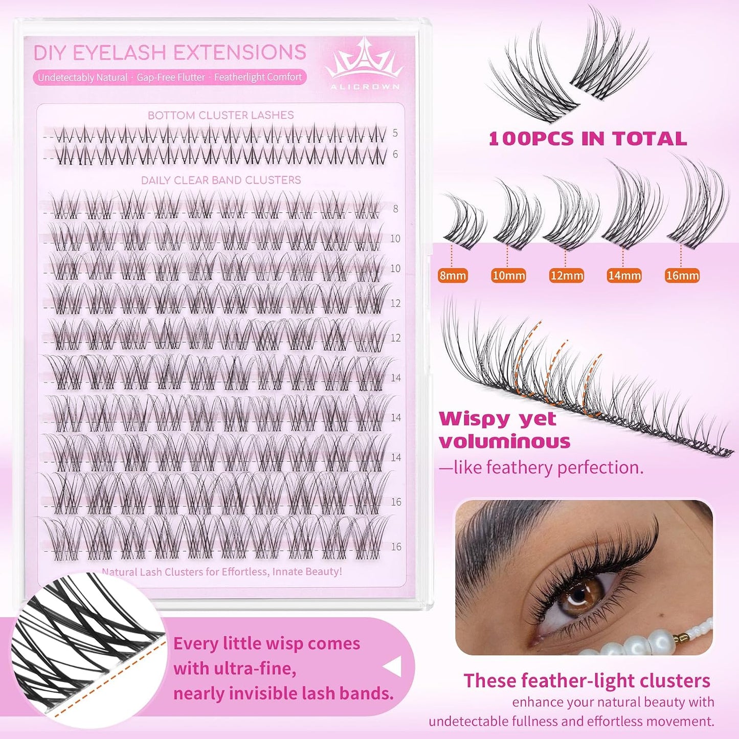 Eyelash Clusters Kit - Natural Wispy C Curl Lash Extensions with Bottom Lashes | 132 Pcs DIY Set