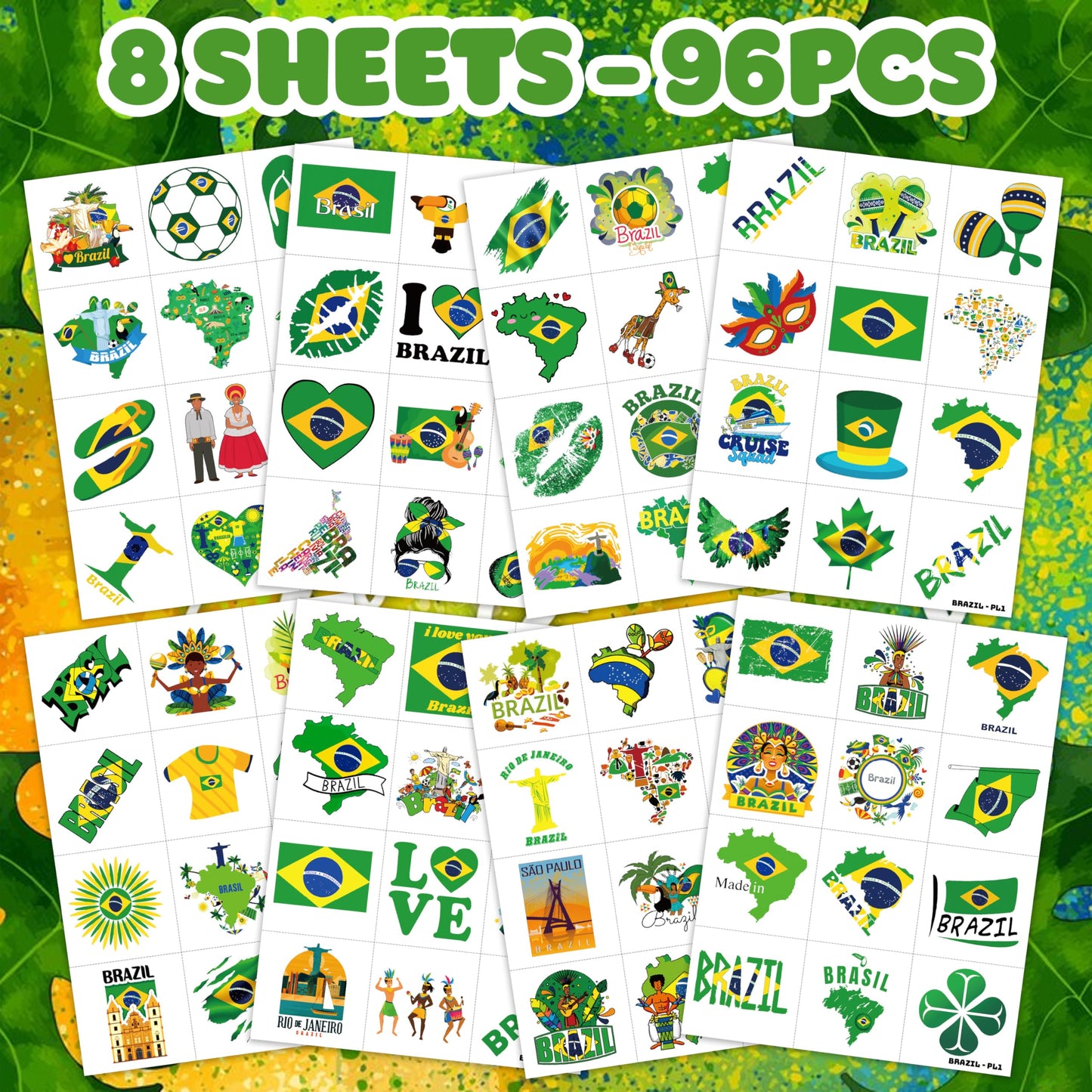 96 PCS Brazil Temporary Tattoos for Kids - Brazilian Flag Soccer Theme Birthday Party Favors, Carnival Decorations, Waterproof Fake Tattoo Stickers for Boys Girls Goodie Bags