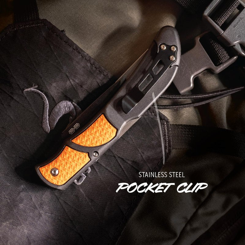 OUTDOOR EDGE RazorBone Replaceable Blade Folding Hunting Knife with Clip & Sheath, 3 Butcher Knife Blade Styles - Boning, Gutting, & Skinning Knives. Blaze Orange, Camo Sheath, 6 Blades & Blade Box
