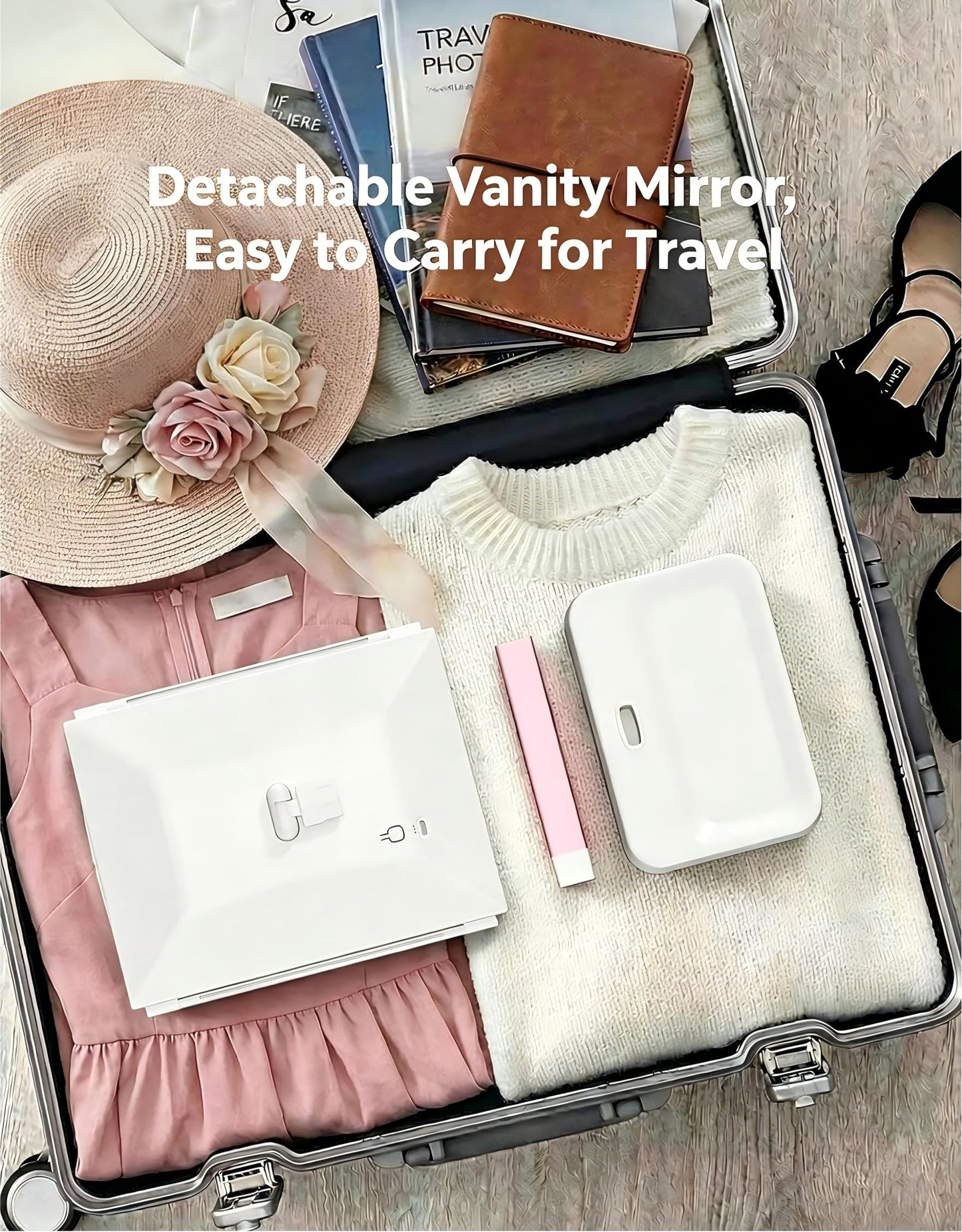 CALEPOP Lighted Makeup Mirror with Magnification, Rechargeable Vanity Mirror with Lights, 1X/2X/3X Trifold Desk Mirror, 76 LEDs, 3 Color Touch Dimming, 9 x 14 in