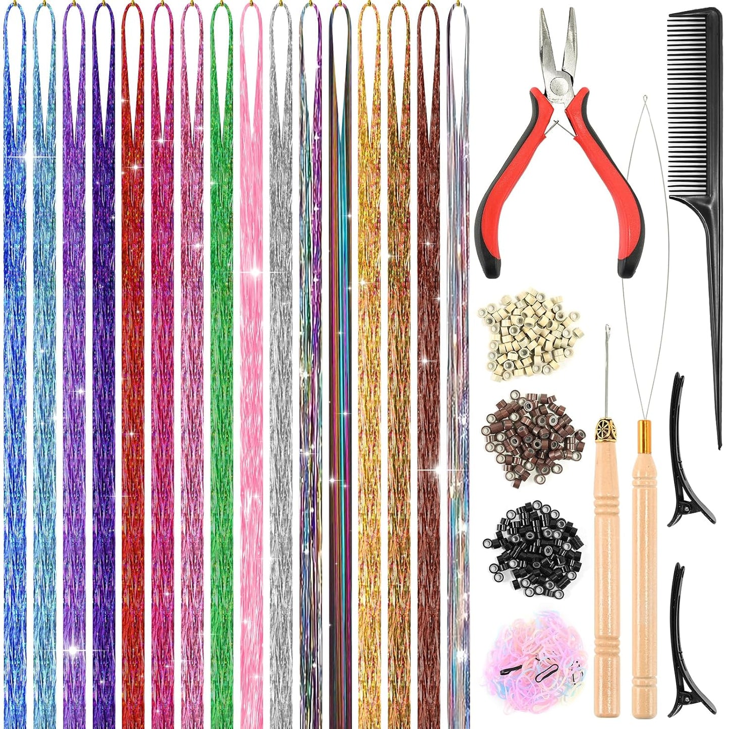 12 Colors Hair Tinsel Kit - 48 Inch Heat Resistant Hair Extensions | 3600 Strands Sparkling Glitter for Festivals & Parties