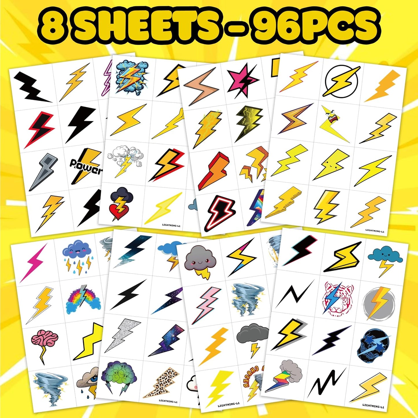 Lightning Bolt Temporary Tattoos - 96PCS Weather-Themed Stickers | Cute Waterproof Body Art for Kids