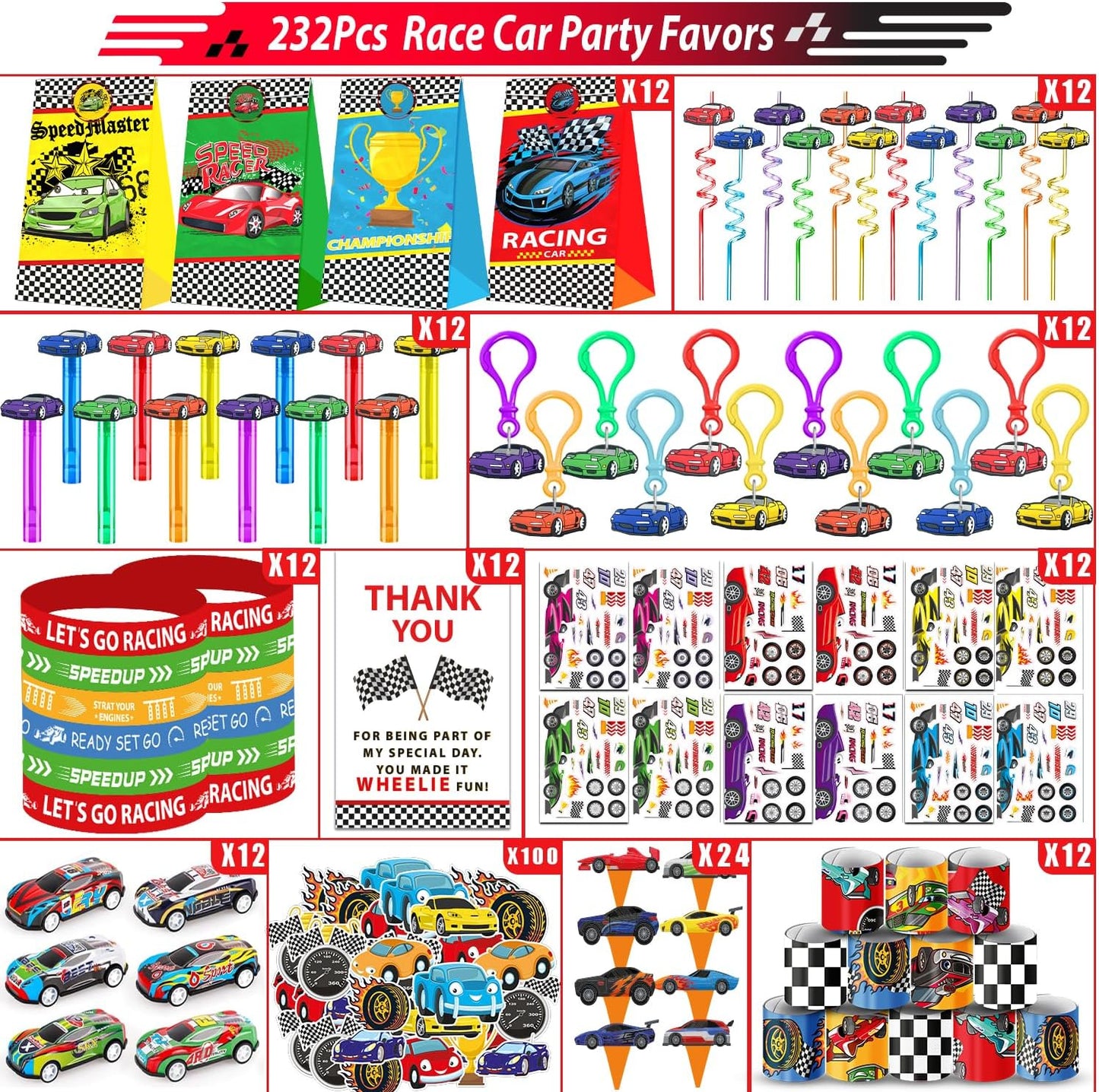 Race Car Birthday Party Favors - 232PCS Goodie Bag Stuffers & Decorations | Cars Theme Supplies