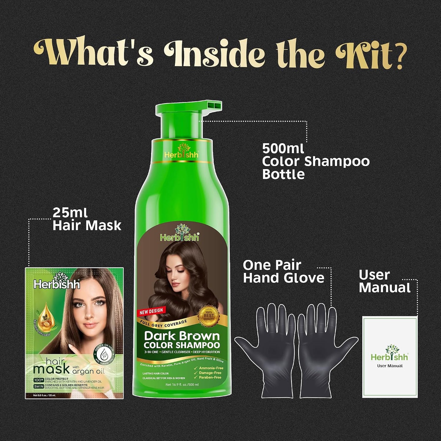 Herbishh Hair Color Shampoo for Gray Hair - Ammonia-Free Magic Dye | Long-Lasting Dark Brown - 500ml