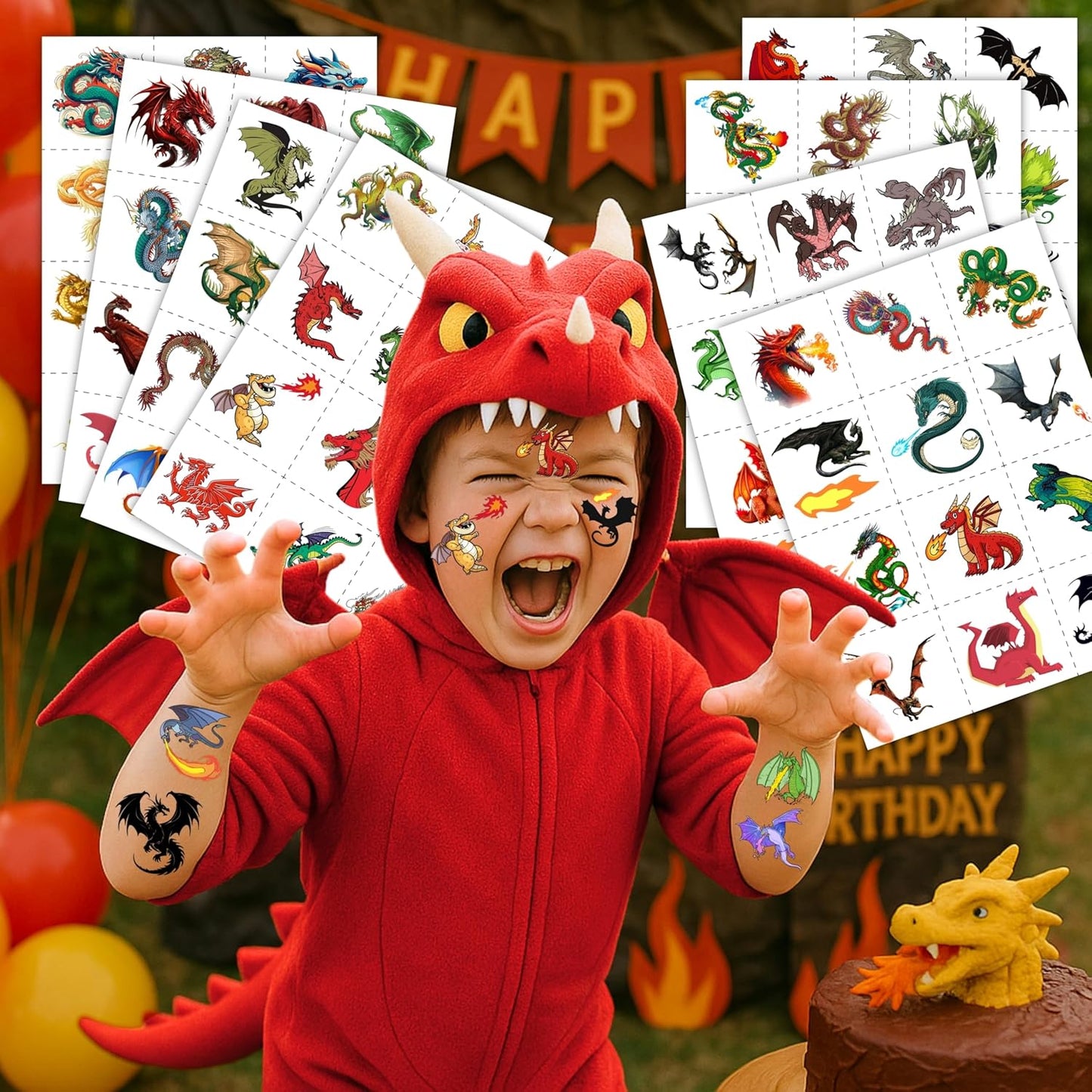 Dragon Temporary Tattoos - 96PCS Pre-Cut Stickers for Kids | Birthday Party Favors & Classroom Rewards