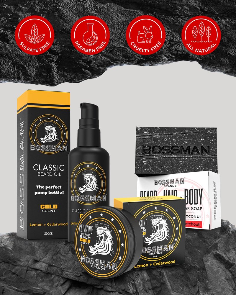 Bossman Starter Beard Kit for Men – Beard Oil (2 oz), Beard Balm & Bar Soap – Natural & Organic Grooming Kit – Made in the USA Men Gift Set (Gold Scent)