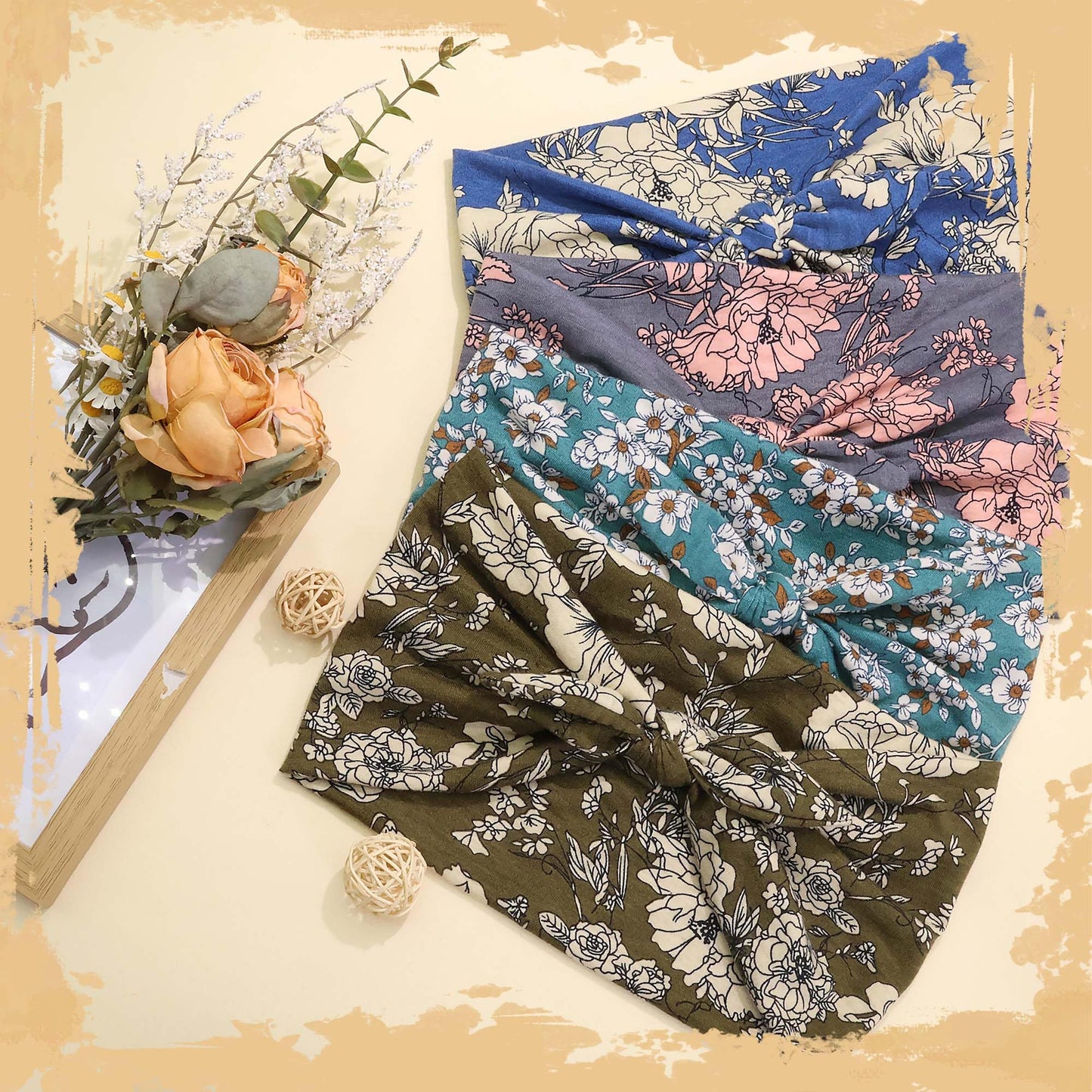 FARSYOD Headbands for Women Floral Boho Bandana Head Bands Wide Head Wraps Knotted Bow Hair Scarf Headband Non Slip Turban Fashion Hair Bands Cute Bandanas For Women Girls 4 Pack