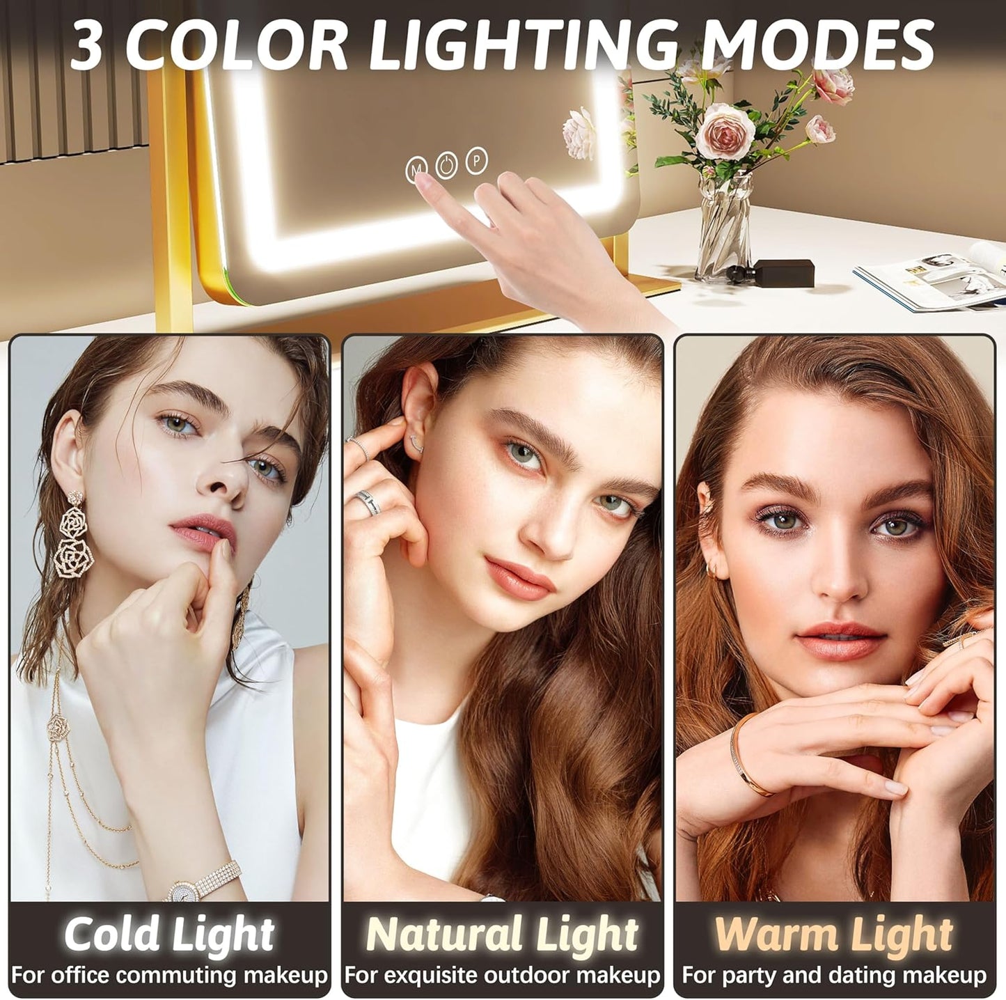 FENNIO 22-Inch LED Lighted Makeup Mirror - Dimmable Touch Screen with 3-Color Lighting | Gold Finish
