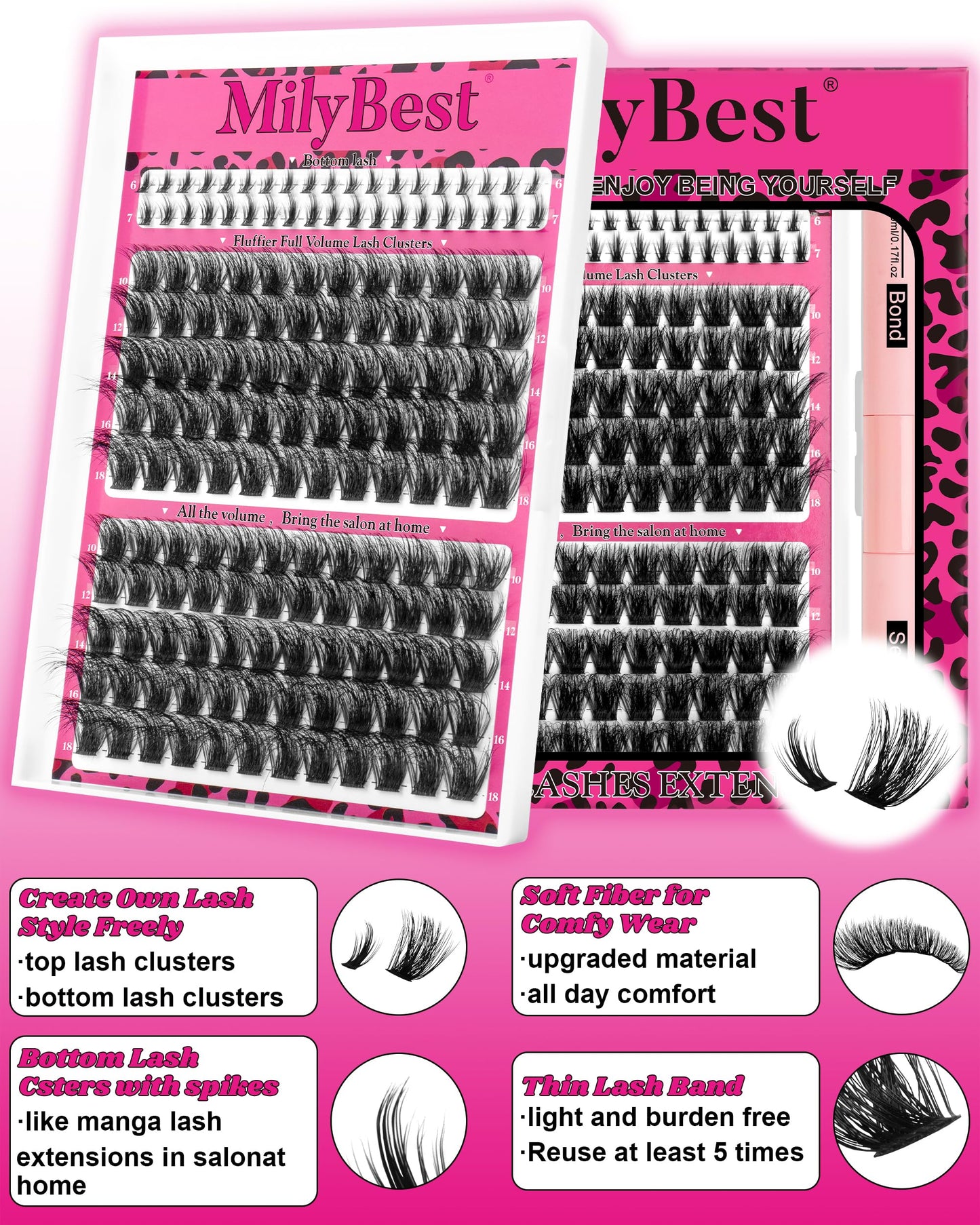 MilyBest Fable Lash Clusters Kit Volume Fluffy Eyelash Clusters with Bottom Lashes 10-18mm Individual Lashes Clusters Manga Lash Extension Kit Waterproof Bond and Seal Thick Full D-Curly Eyelashes