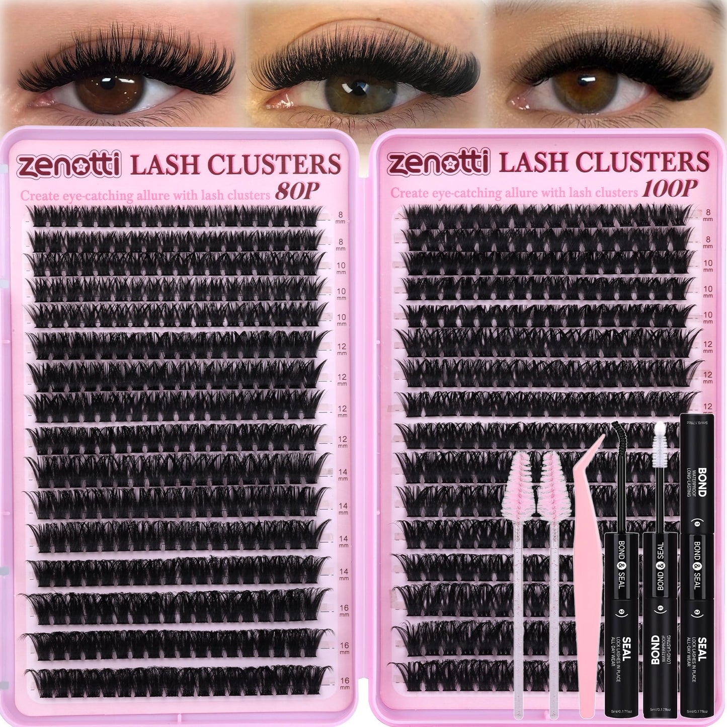 Lash Clusters Kit Fluffy 80D 100D Eyelash Clusters Kit 544PCS Wispy Cluster Eyelash Extensions D Curly Individual Lashes 8-16mm Soft Band DIY at Home with Lash Bond&Seal Tweezers Brush by zenotti