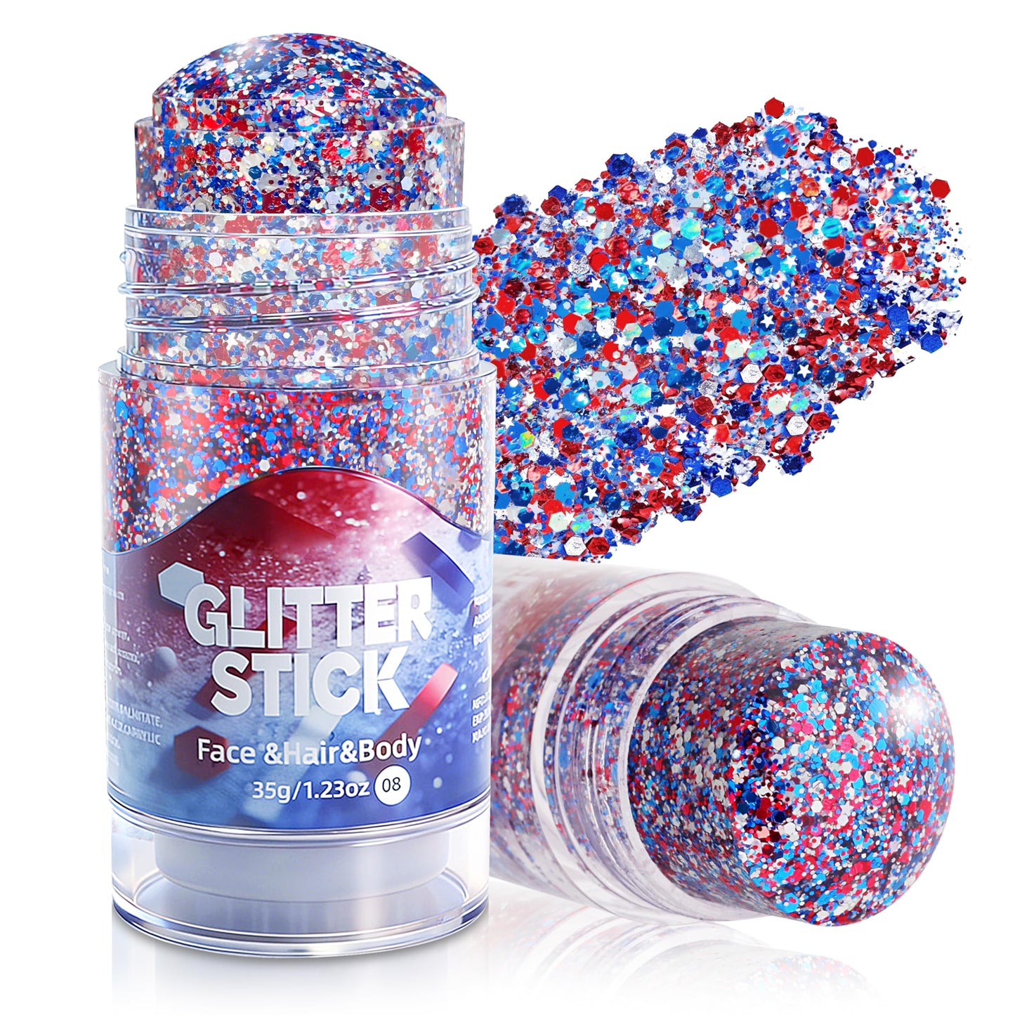 MEICOLY 4th of July Face Glitter Stick,1.23 OZ Red, White and Blue Hair Glitter Patriotic Accessories Outfits for Women,Chunky Fourth of July Body Glitter Makeup for Independence Day