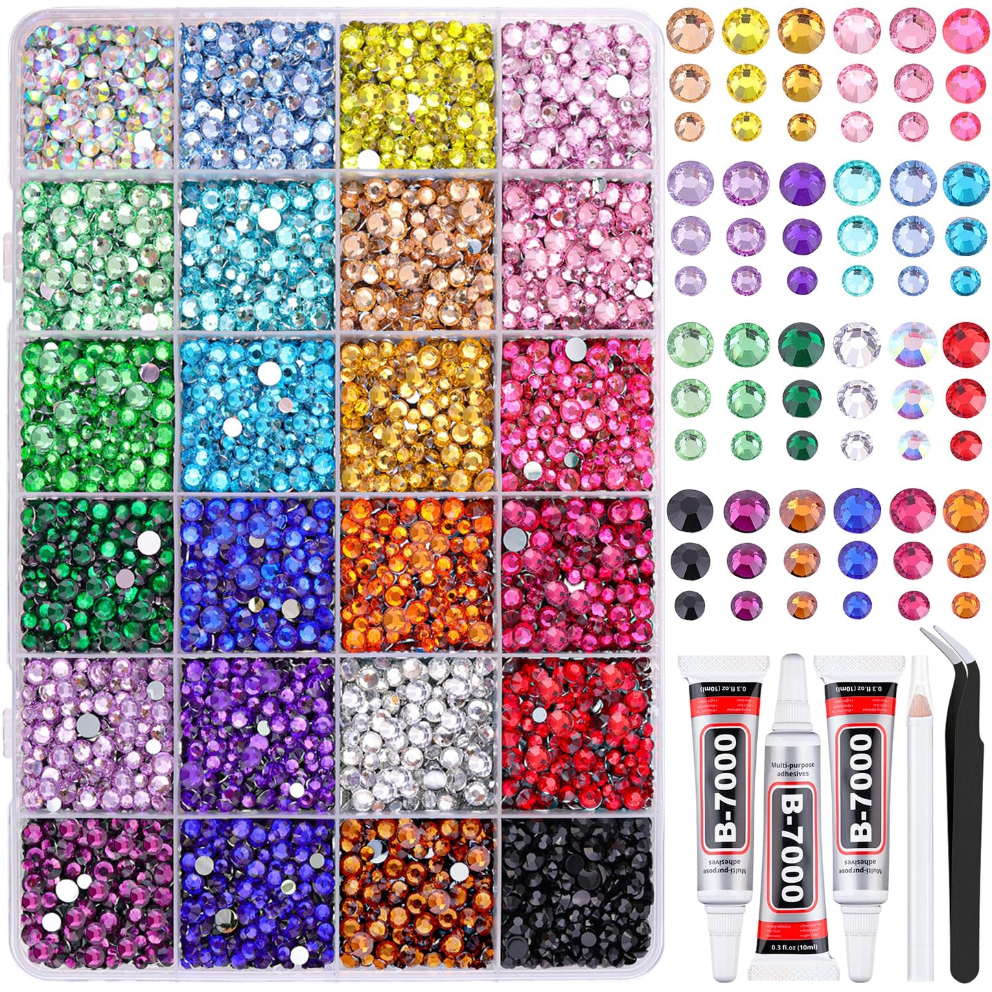Resin Rhinestones - 32000 Pcs Flatback Gems for Bedazzling | Silver Clear Crystal Kit with 3 Pcs B7000 Glue for Nail Art & Crafts