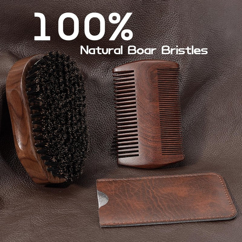 GROOMAGE 3PCS Beard Brush Comb Set for Men, Black Walnut Wood Dual Beard Comb & Case, Men's Natural Wooden Mustache Brush Kit - Medium Hardness
