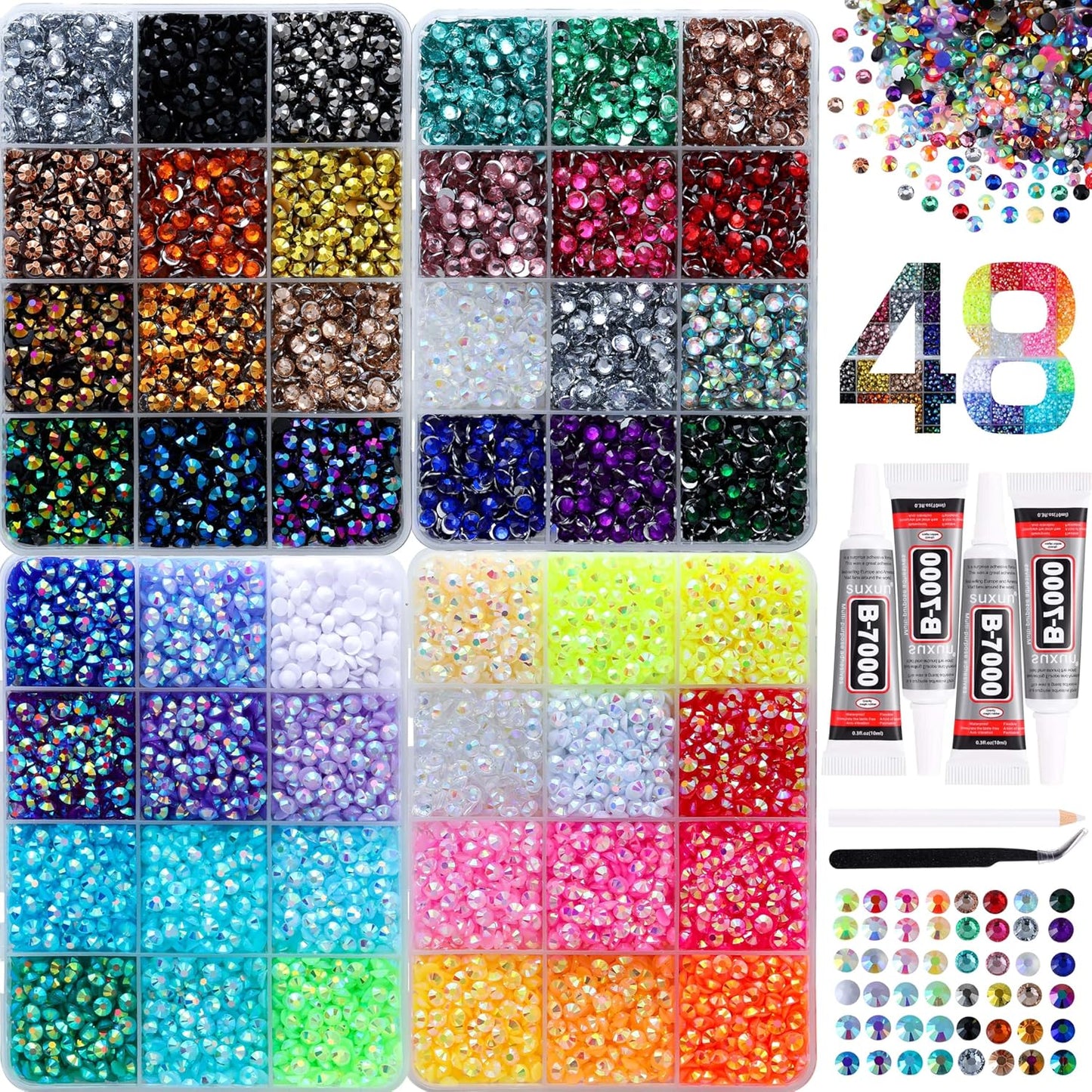 Rhinestones for Bedazzling | 30,000 Pcs 3mm Flatback Gems in 48 Colors with Glue & Tweezers for Nail Art & Crafting