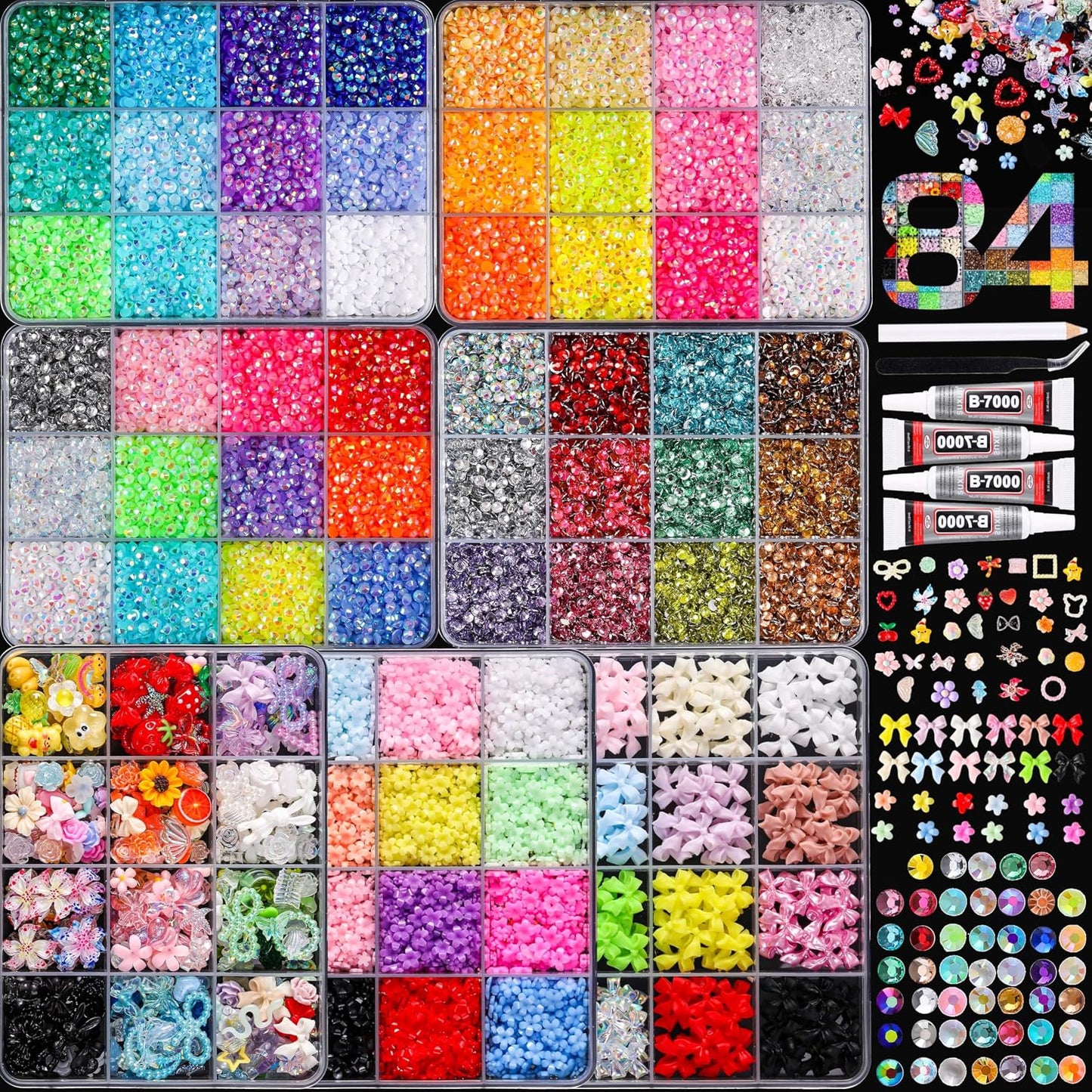 3D Nail Art Accessories Kit - 24 Colors Resin Rhinestones, Flowers & Bowknots | 12-Grid Storage for DIY Manicure