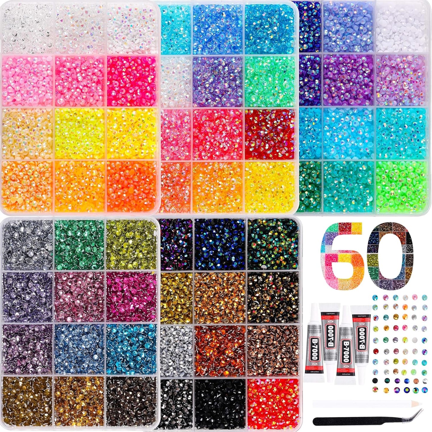 Rhinestone Bedazzling Kit - 37500 Pcs of 60 Colors 3mm Flatback Gems with Glue, Tweezers & Pickup Pen | Ideal for Nail Art & Crafting