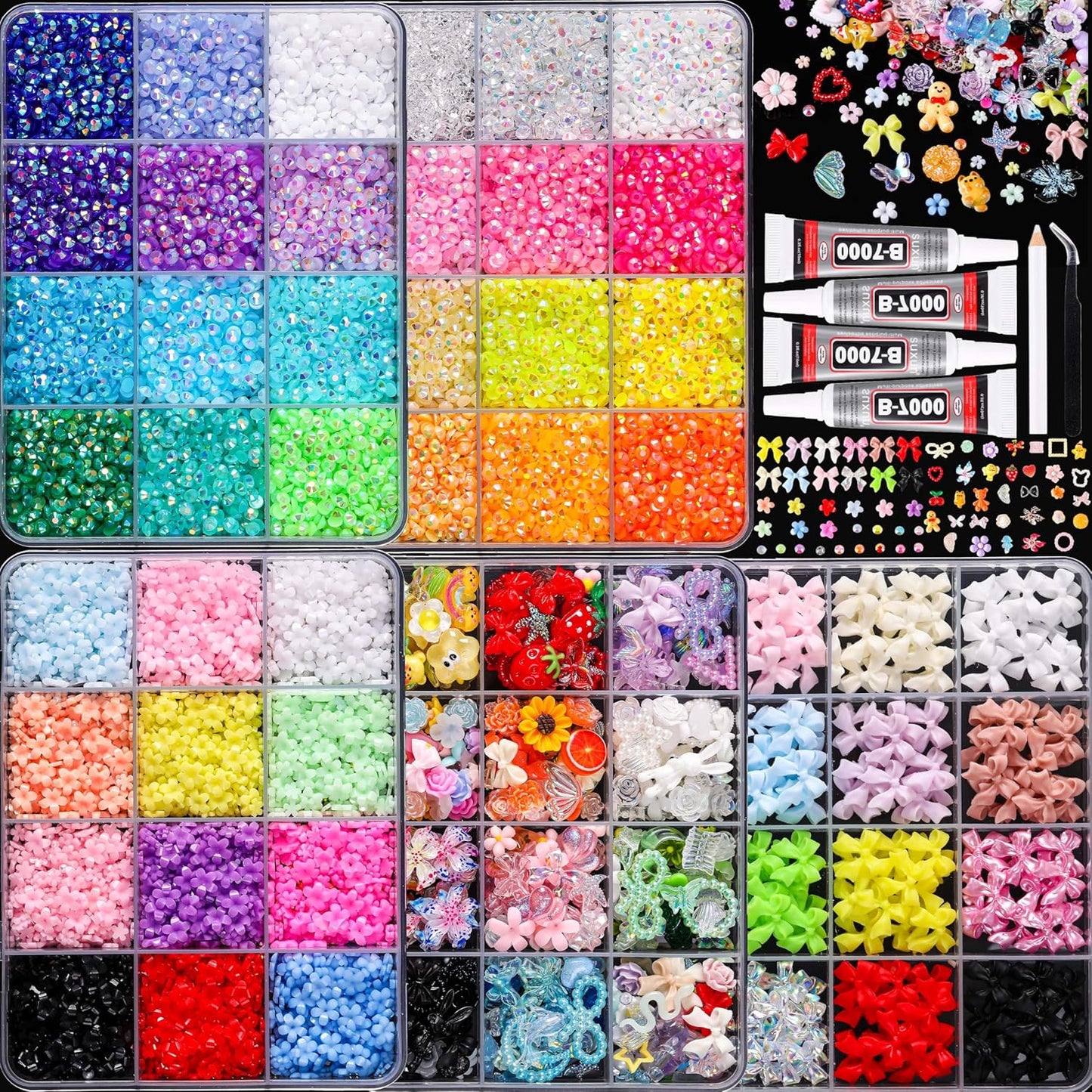 3D Nail Art Accessories Kit - 24 Colors Resin Rhinestones, Flowers & Bowknots | 12-Grid Storage for DIY Manicure