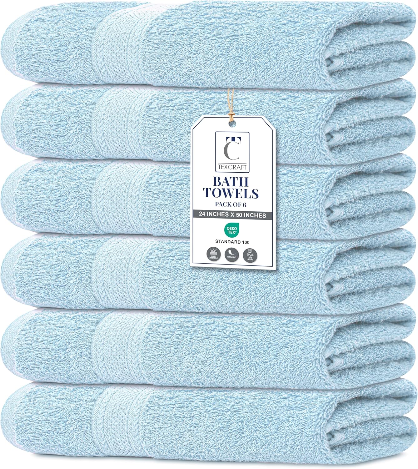 Large Bath Towels Set of 6 - 100% Cotton Terry, Quick Dry & Soft - 24" x 50", Grey for Bathroom, Gym & Spa