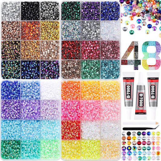 Rhinestones for Bedazzling | 30,000 Pcs 3mm Flatback Gems in 48 Colors with Glue & Tweezers for Nail Art & Crafting