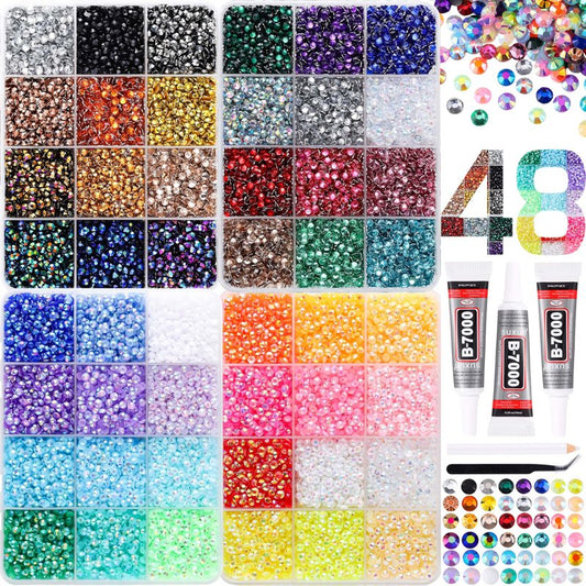 LERBOU 36000Pcs in 48 Colors Rhinestones for Bedazzling and Diamond Art, 3mm Flatback Gems with 3×10ml B7000 Jewelry Glue Tweezers, Perfect for Nail Art, Crafting, Clothing, Fabric Decor