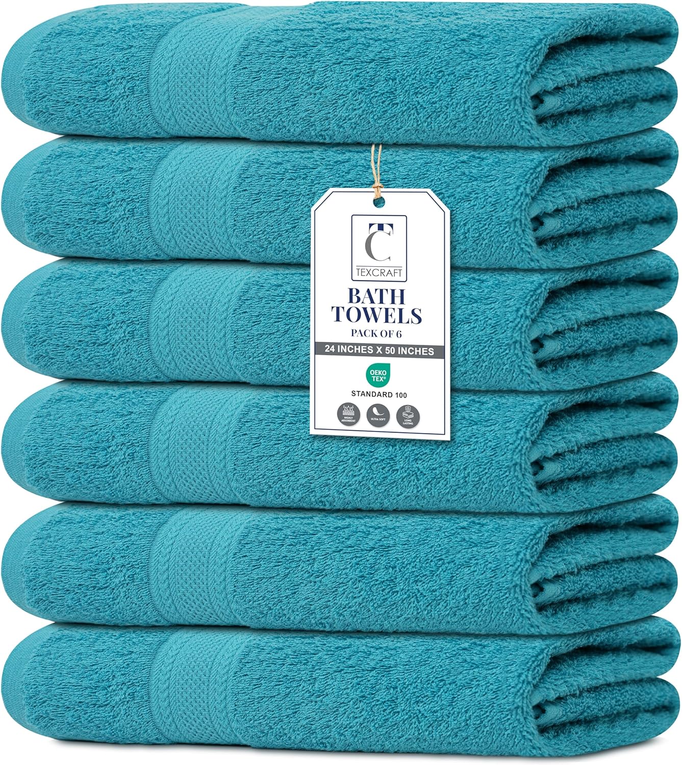 Large Bath Towels Set of 6 - 100% Cotton Terry, Quick Dry & Soft - 24" x 50", Grey for Bathroom, Gym & Spa
