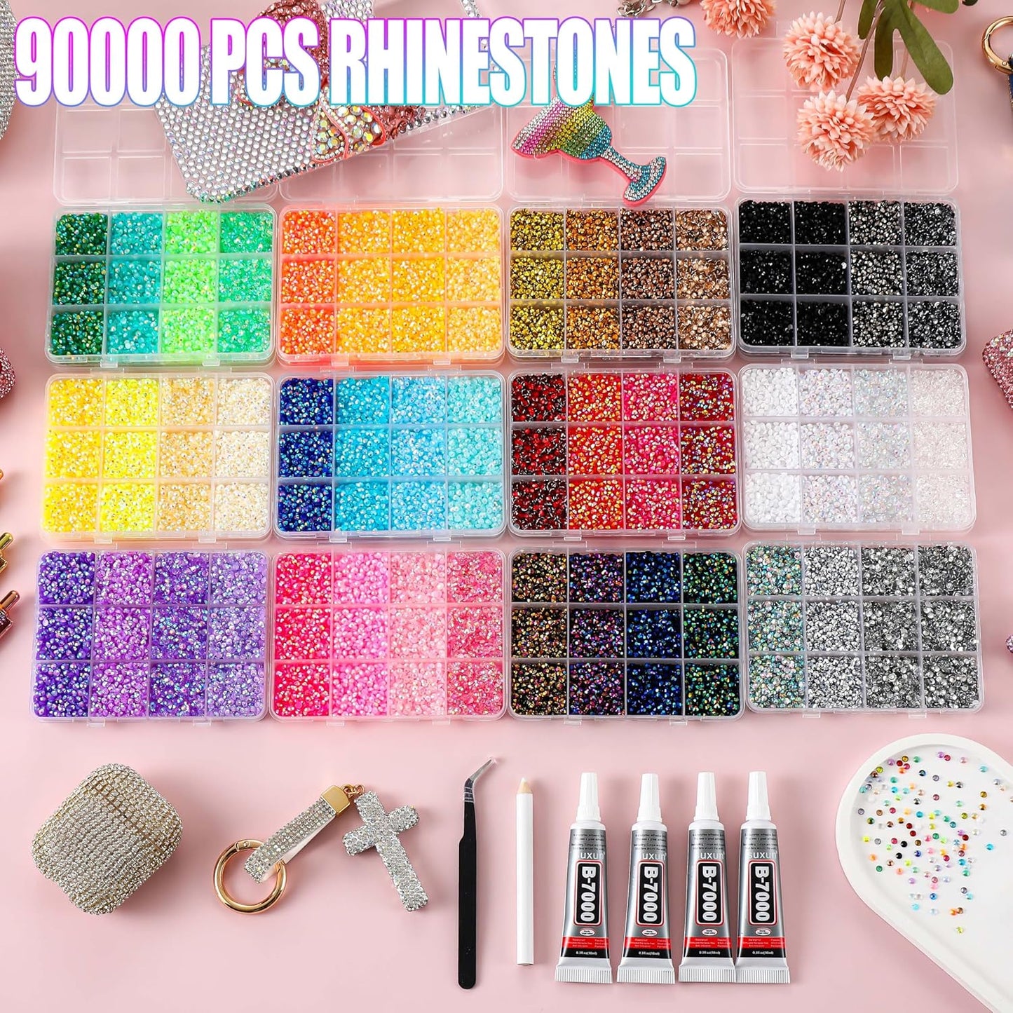 Rhinestone Bedazzling Kit - 90,000 Pcs in 12 Colors | 3mm Flatback Gems, Jewelry Glue & Tools for Nail Art and Crafting