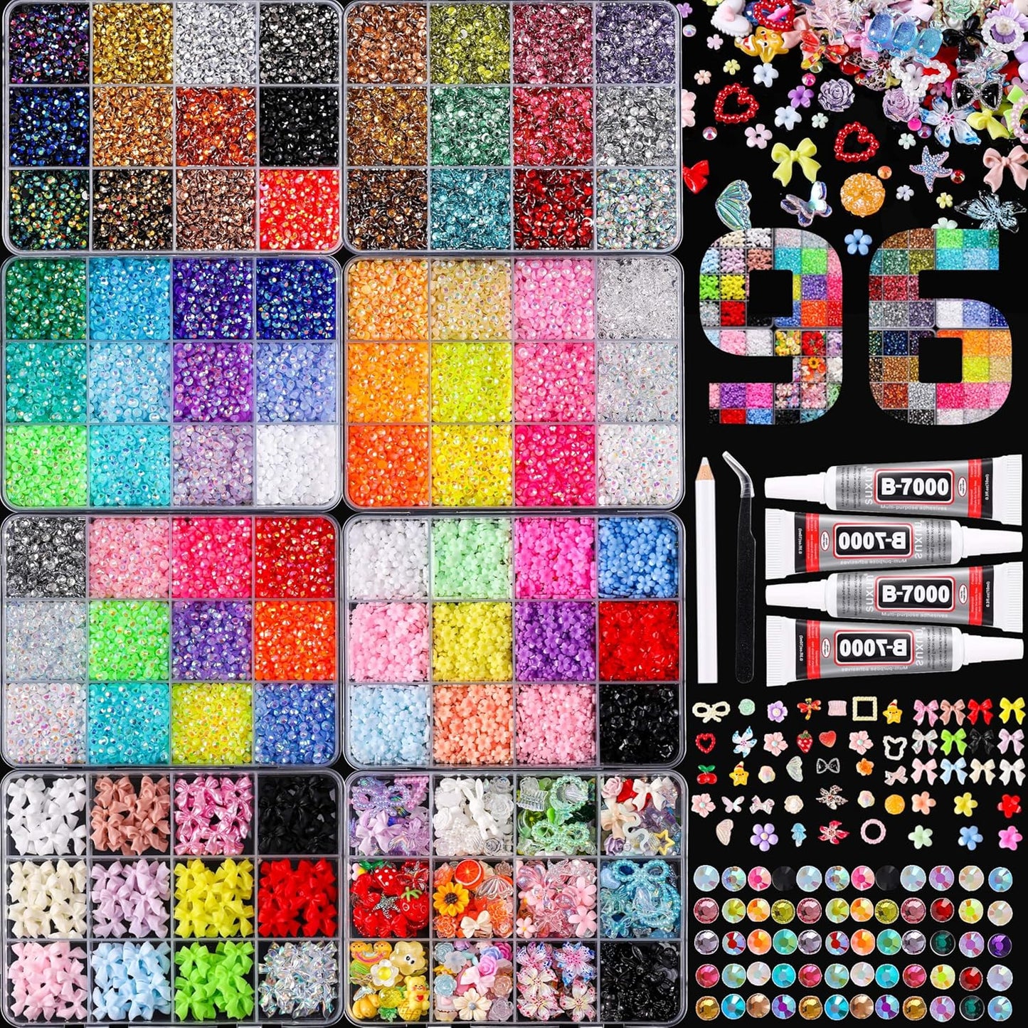 3D Nail Art Accessories Kit - 24 Colors Resin Rhinestones, Flowers & Bowknots | 12-Grid Storage for DIY Manicure