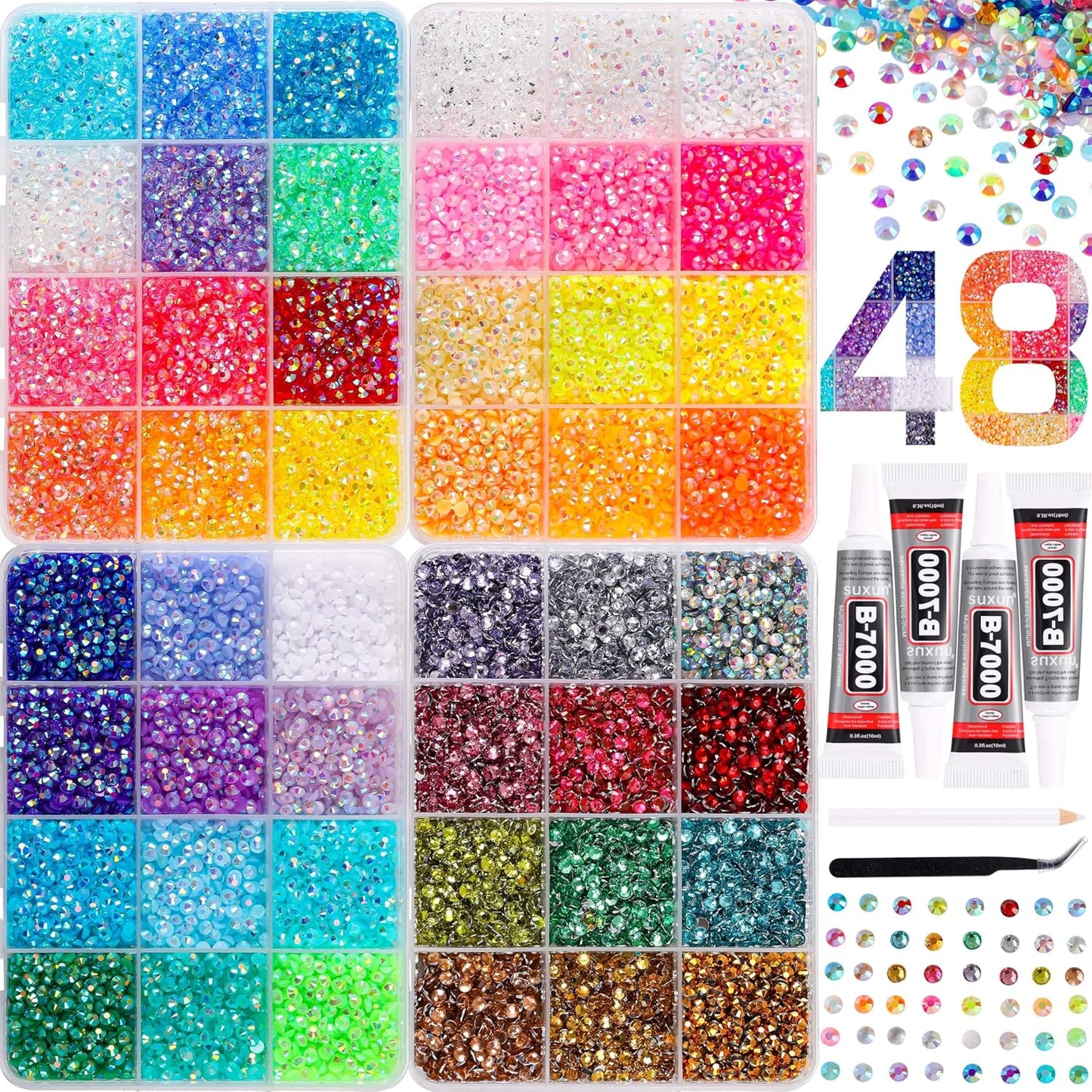 Rhinestone Bedazzling Kit - 30,000 Flatback Gems with B7000 Glue, Tweezers & Pickup Pen | 48 Vibrant Colors for Nail Art & Crafts