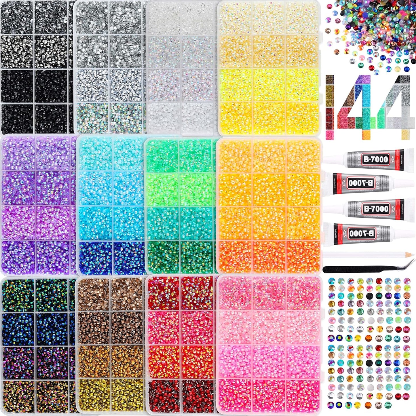 Rhinestone Bedazzling Kit - 90,000 Pcs in 12 Colors | 3mm Flatback Gems, Jewelry Glue & Tools for Nail Art and Crafting