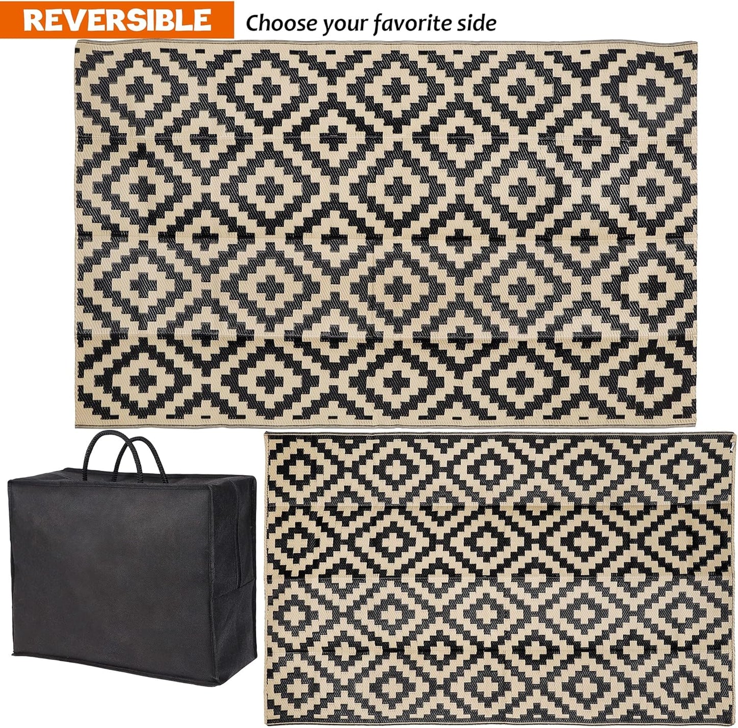 Waterproof Outdoor Rug - Reversible Plastic Area Rug for Patio, RV, Deck | 5x8 ft, Black & Beige