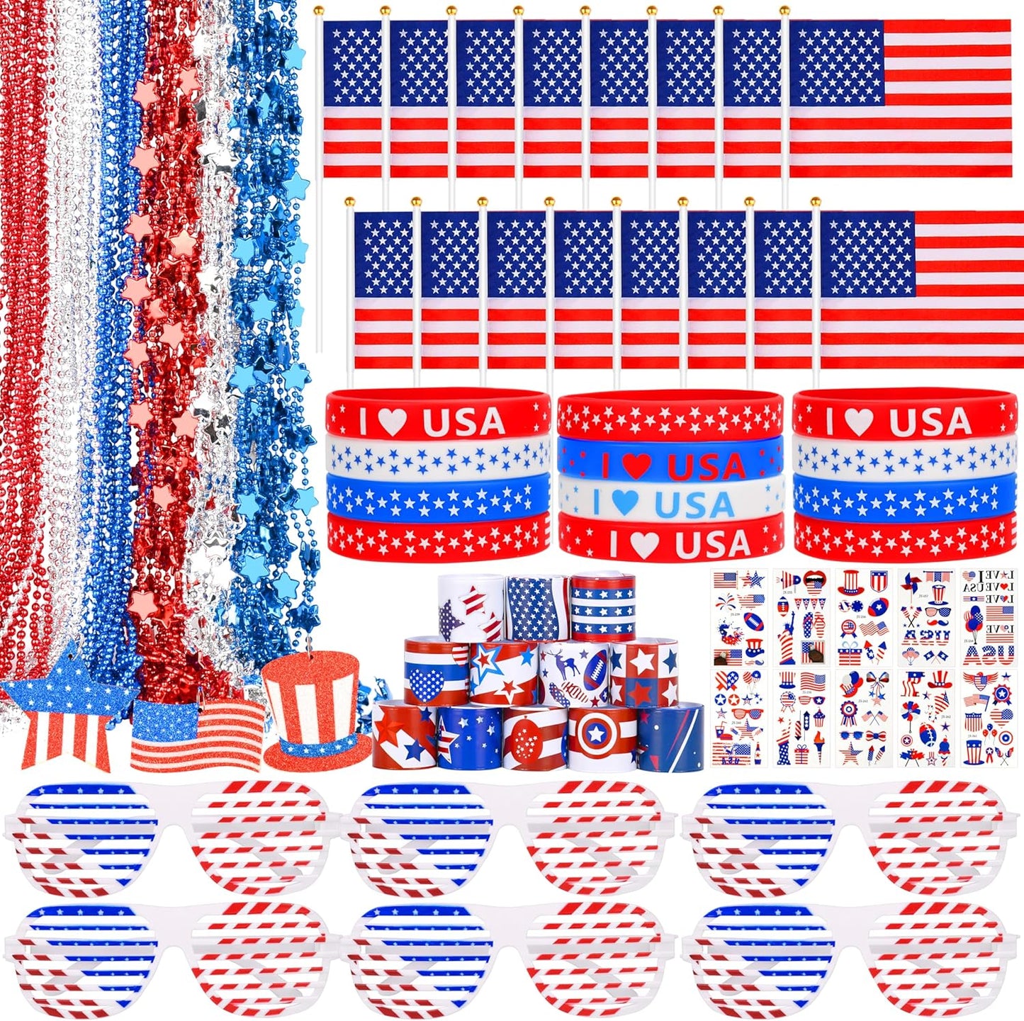 4th of July Patriotic Accessories Set - 147 Pcs Glasses, Necklaces, Bracelets & Tattoos | Independence Day Party Decor